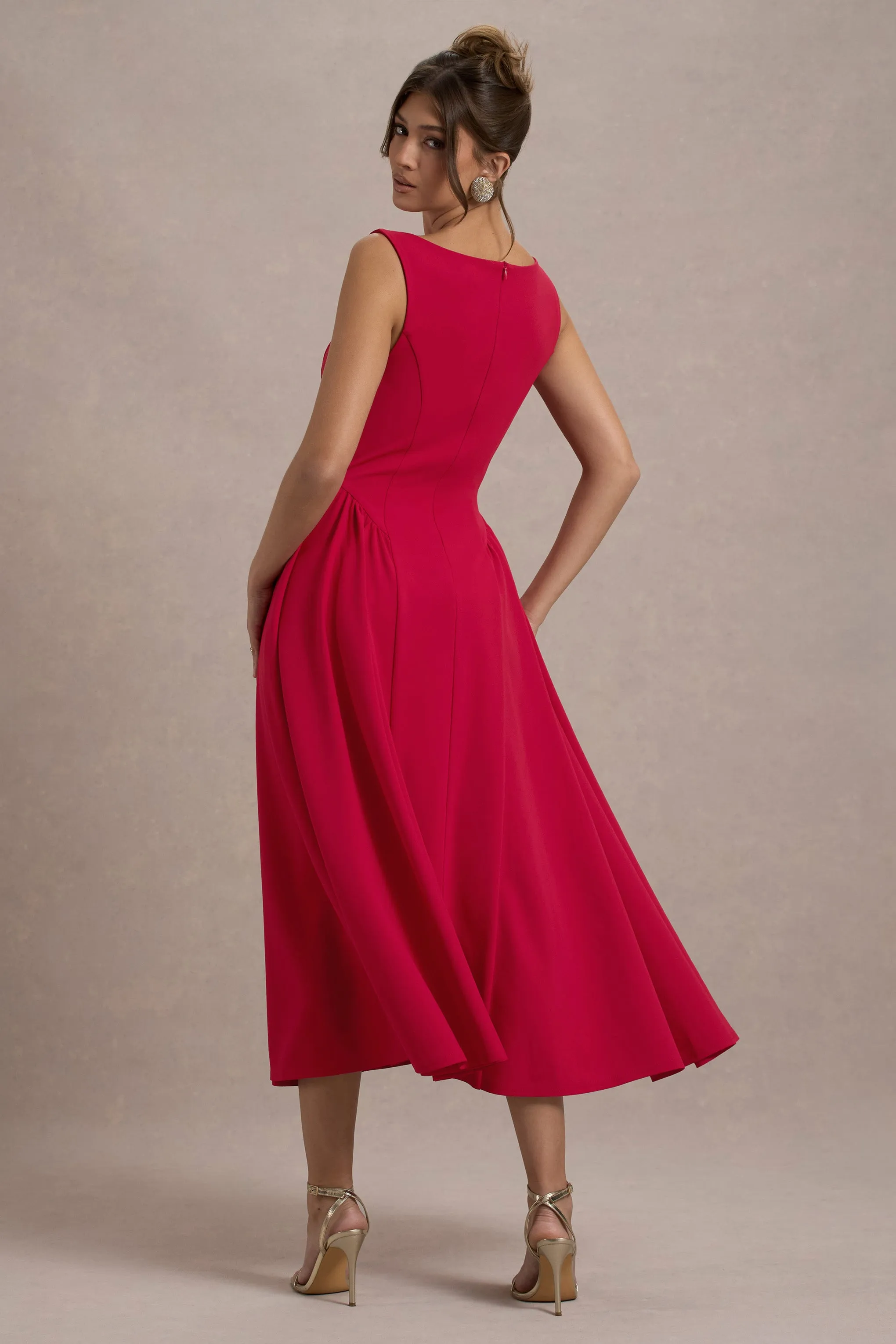 Muriel | Red Boat-Neck Volume-Hem Midi Dress Club L London