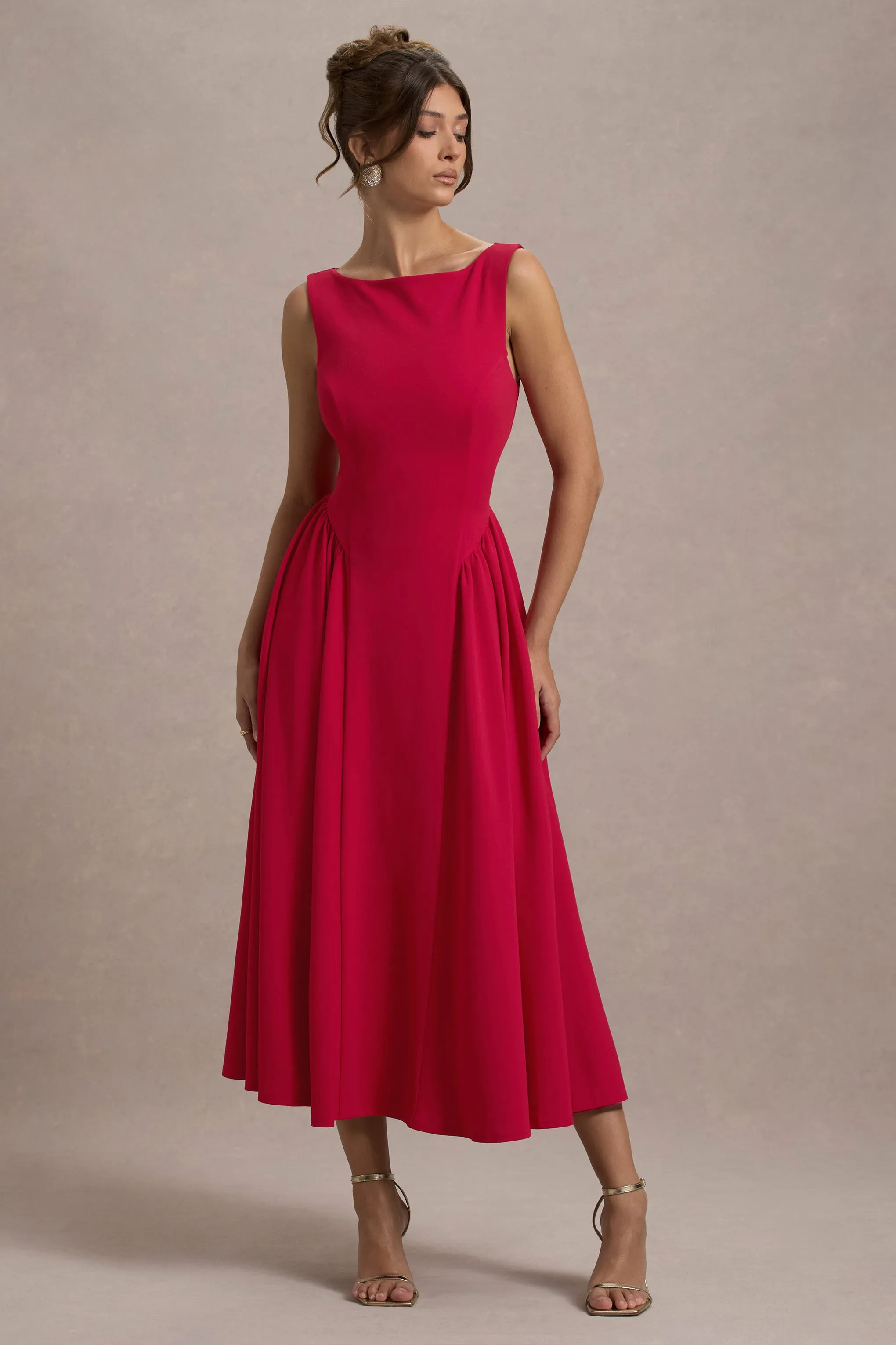 Muriel | Red Boat-Neck Volume-Hem Midi Dress Club L London