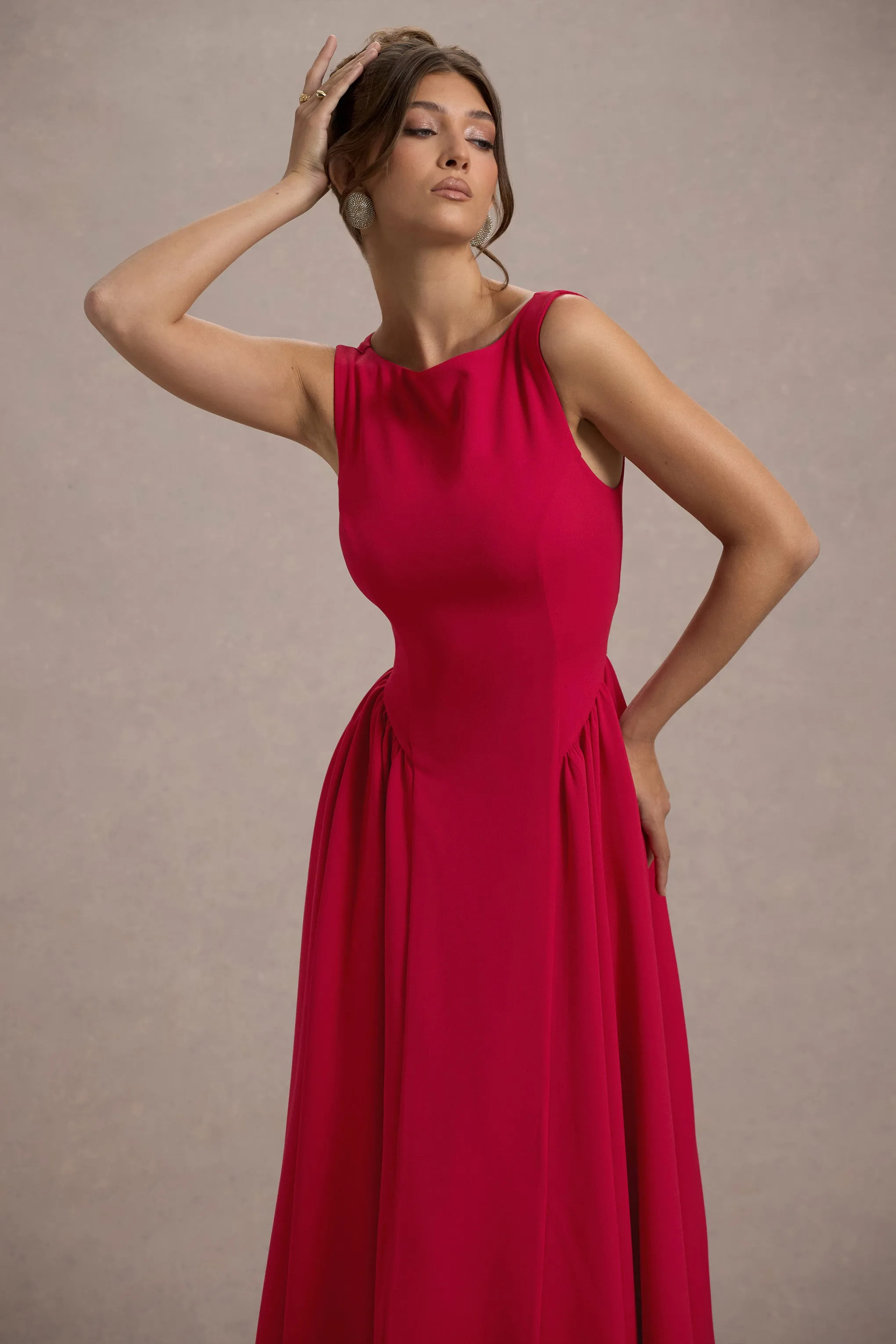 Muriel | Red Boat-Neck Volume-Hem Midi Dress Club L London