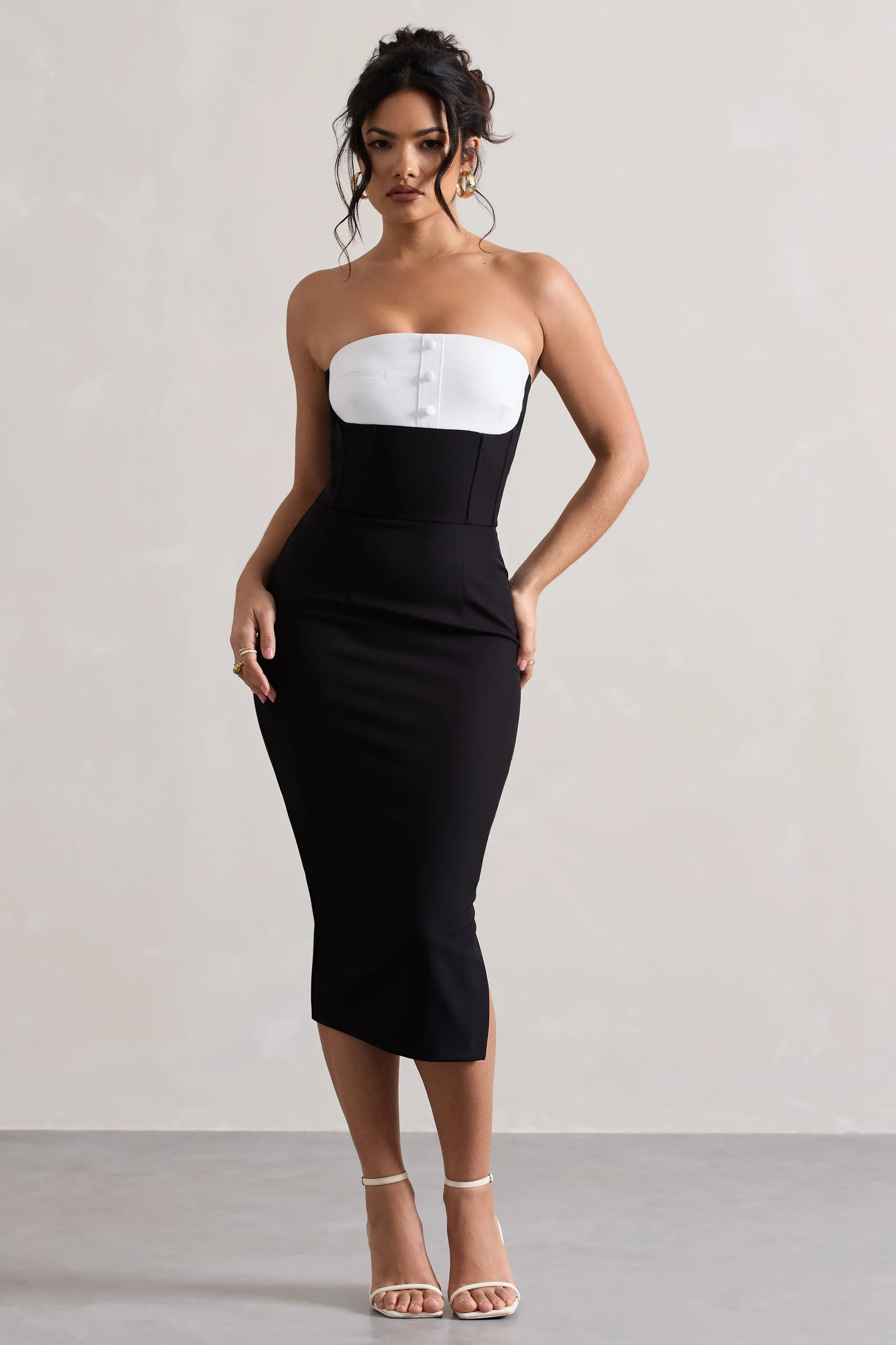 My Darling | Black Tailored Bandeau Split Midi Dress Club L London