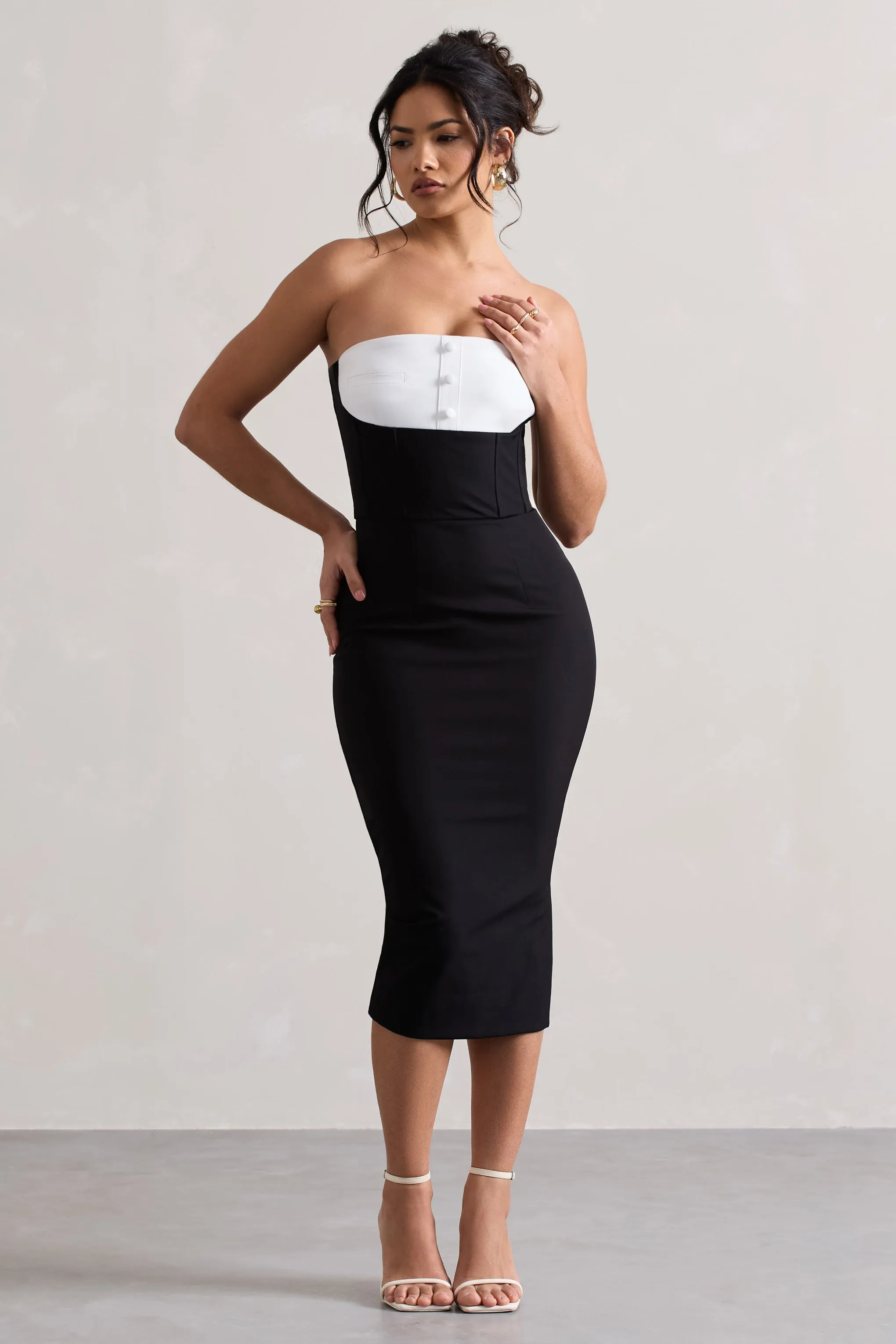 My Darling | Black Tailored Bandeau Split Midi Dress Club L London