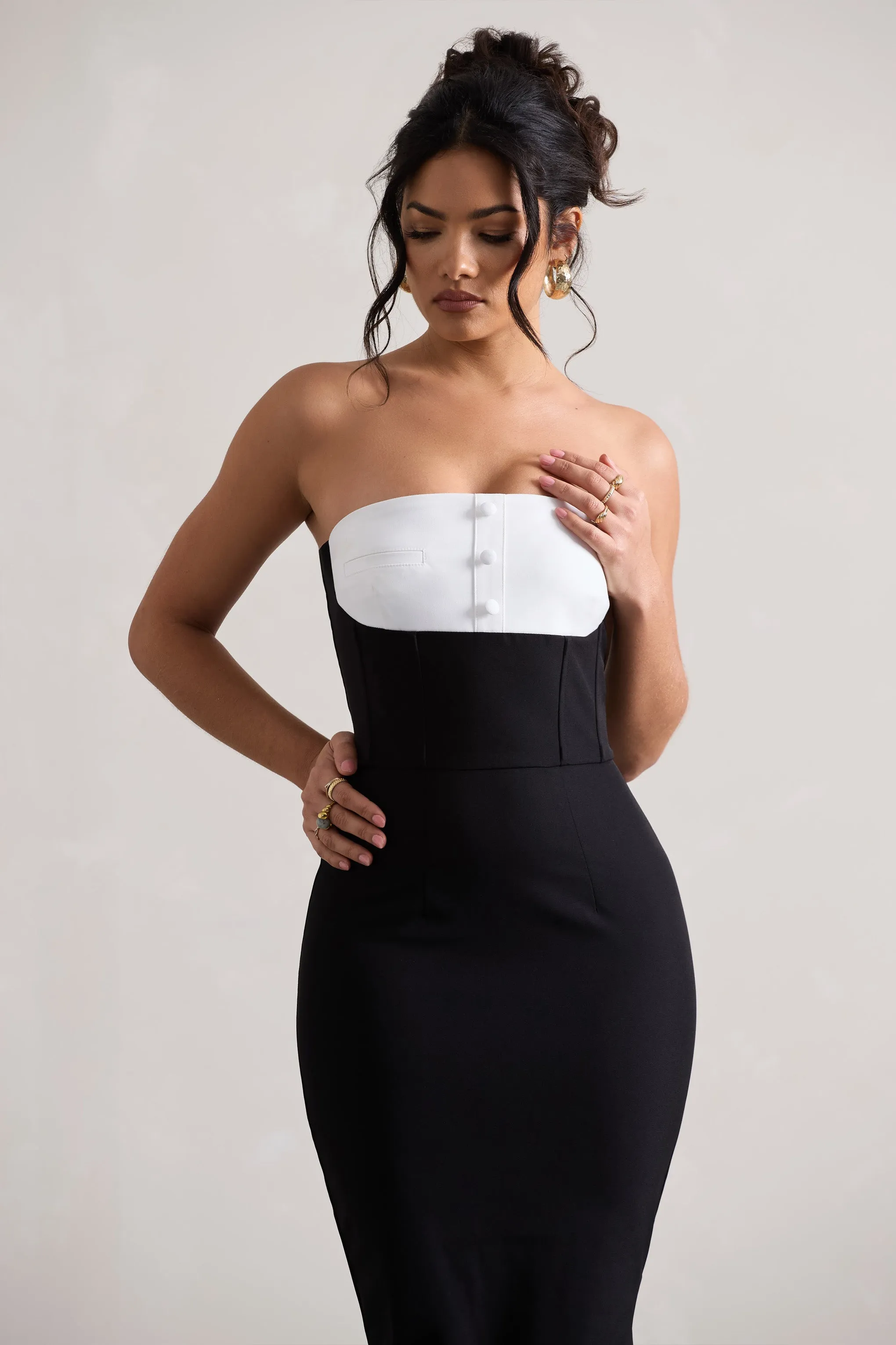 My Darling | Black Tailored Bandeau Split Midi Dress Club L London
