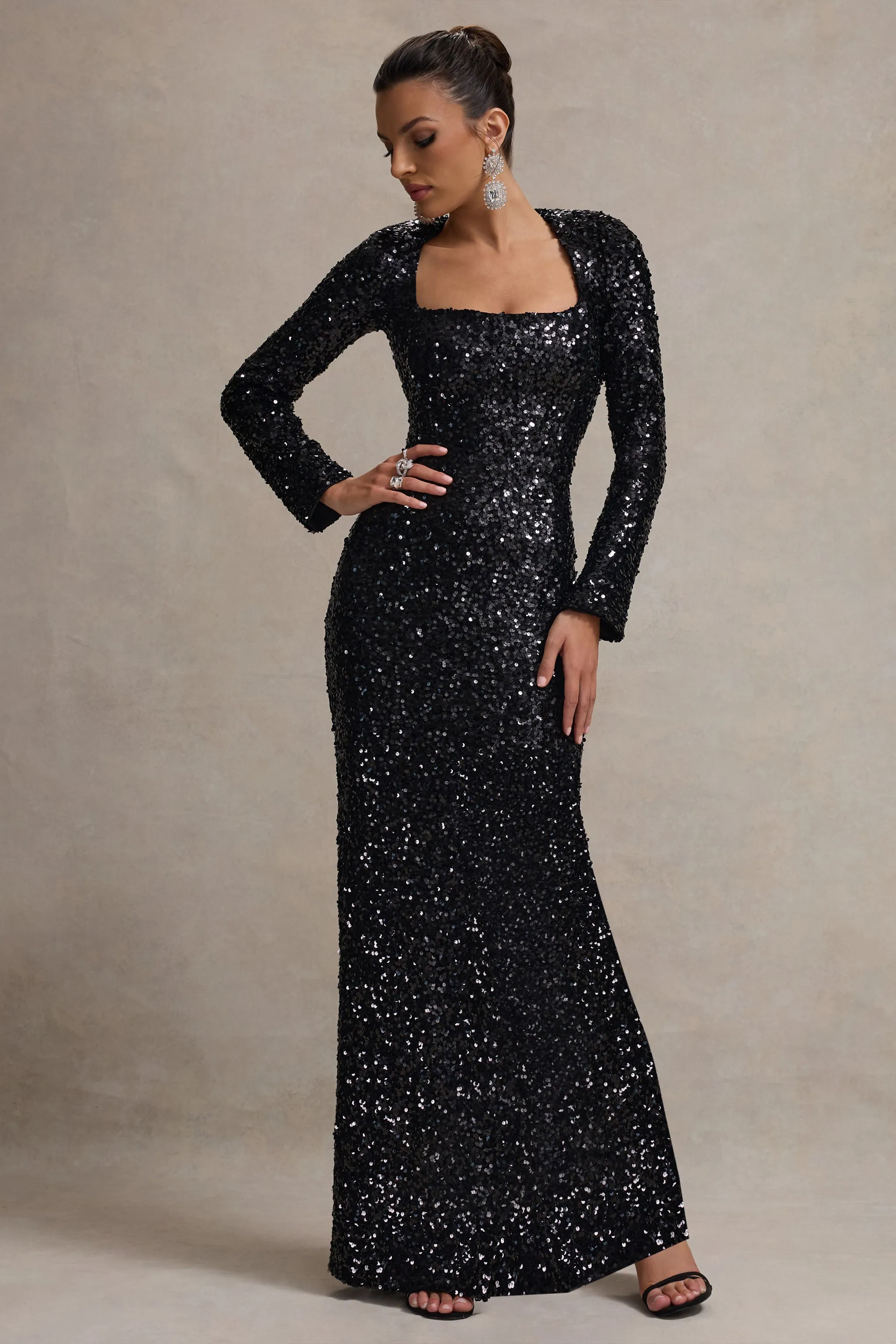 My Dream | Black Sequin Square-Neck Long-Sleeve Maxi Dress Club L London