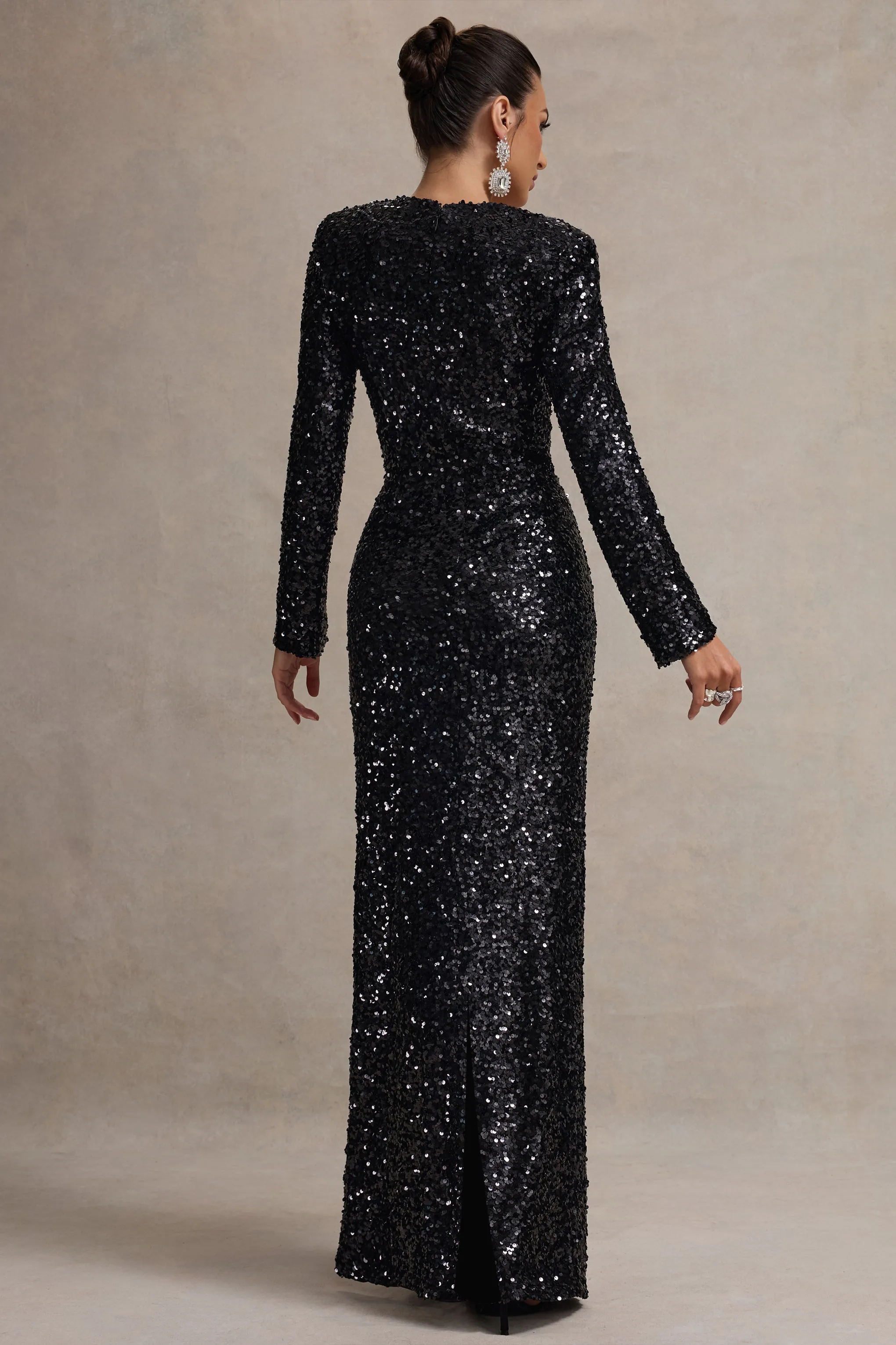 My Dream | Black Sequin Square-Neck Long-Sleeve Maxi Dress Club L London