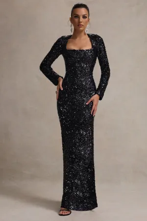 My Dream | Black Sequin Square-Neck Long-Sleeve Maxi Dress Club L London