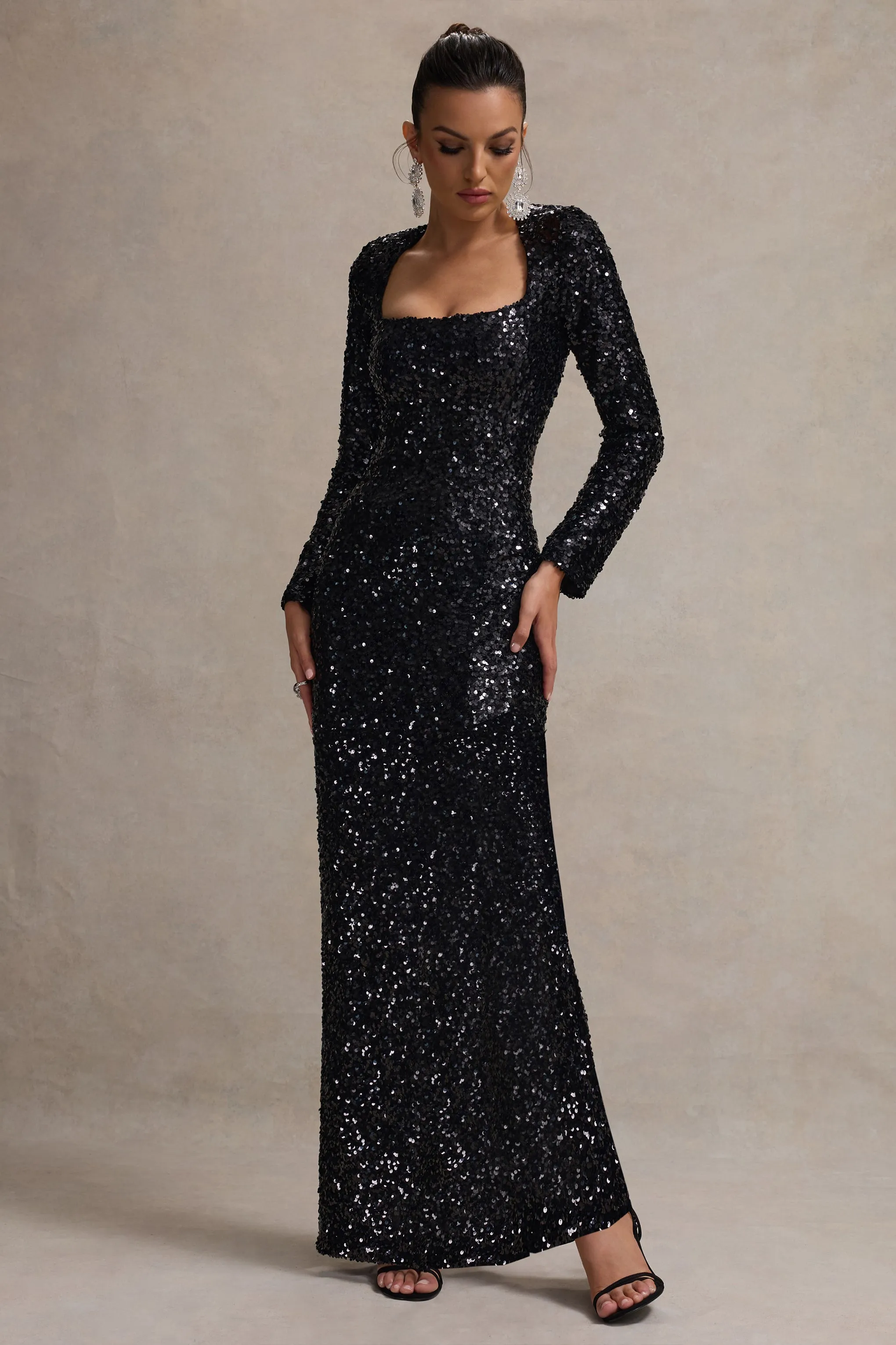 My Dream | Black Sequin Square-Neck Long-Sleeve Maxi Dress Club L London