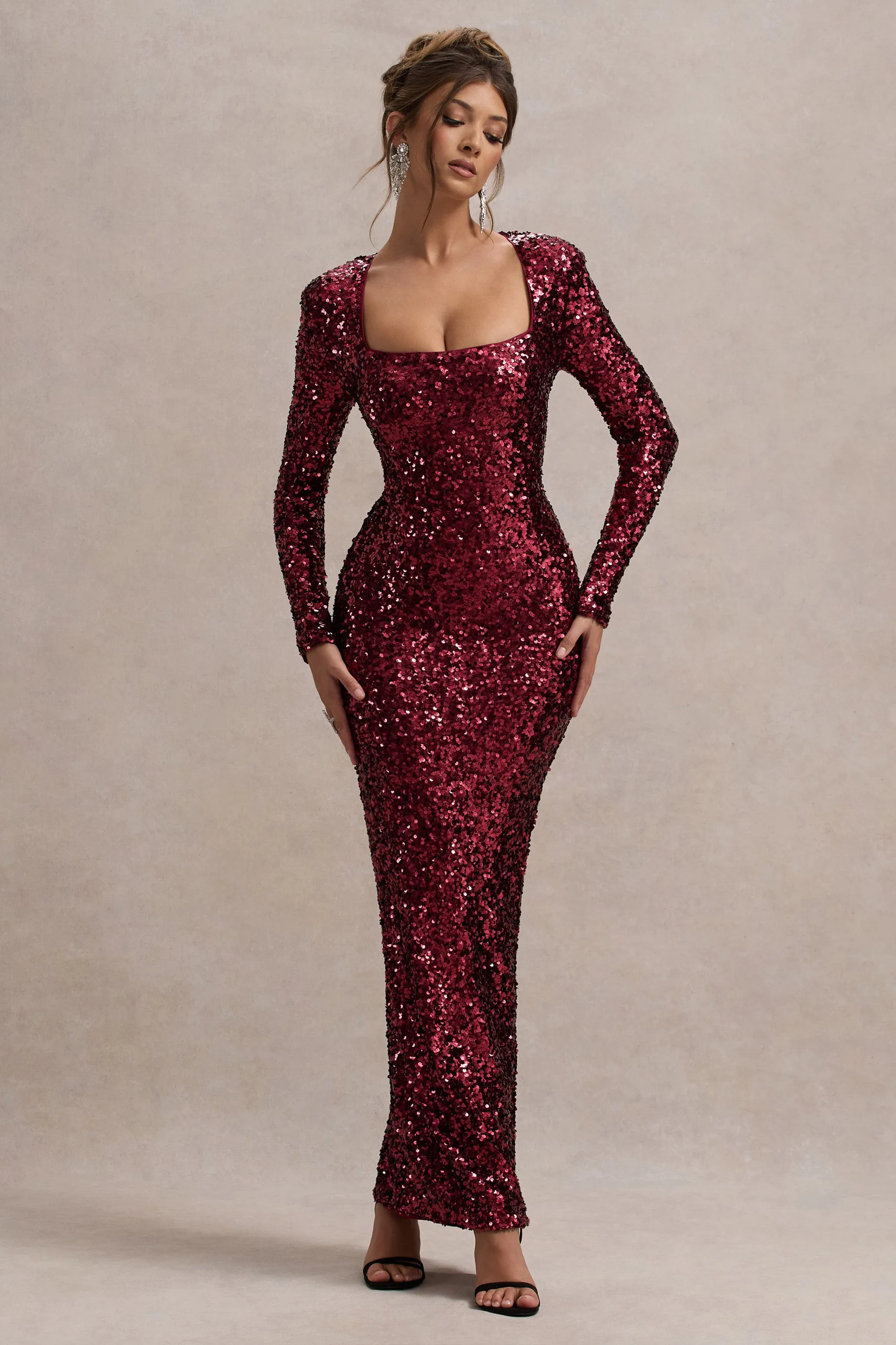 My Dream | Port Sequin Square-Neck Long-Sleeve Maxi Dress Club L London