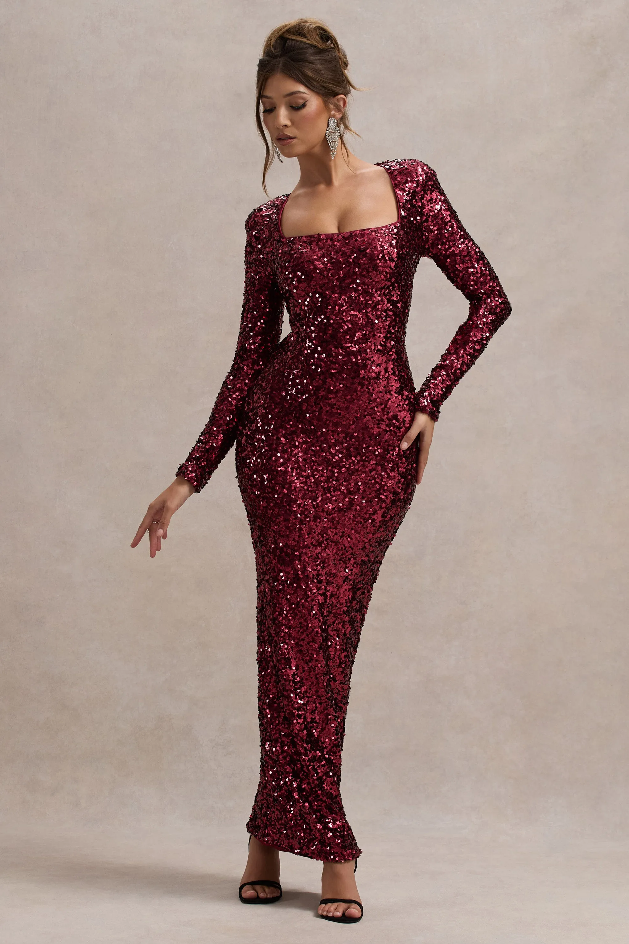 My Dream | Port Sequin Square-Neck Long-Sleeve Maxi Dress Club L London