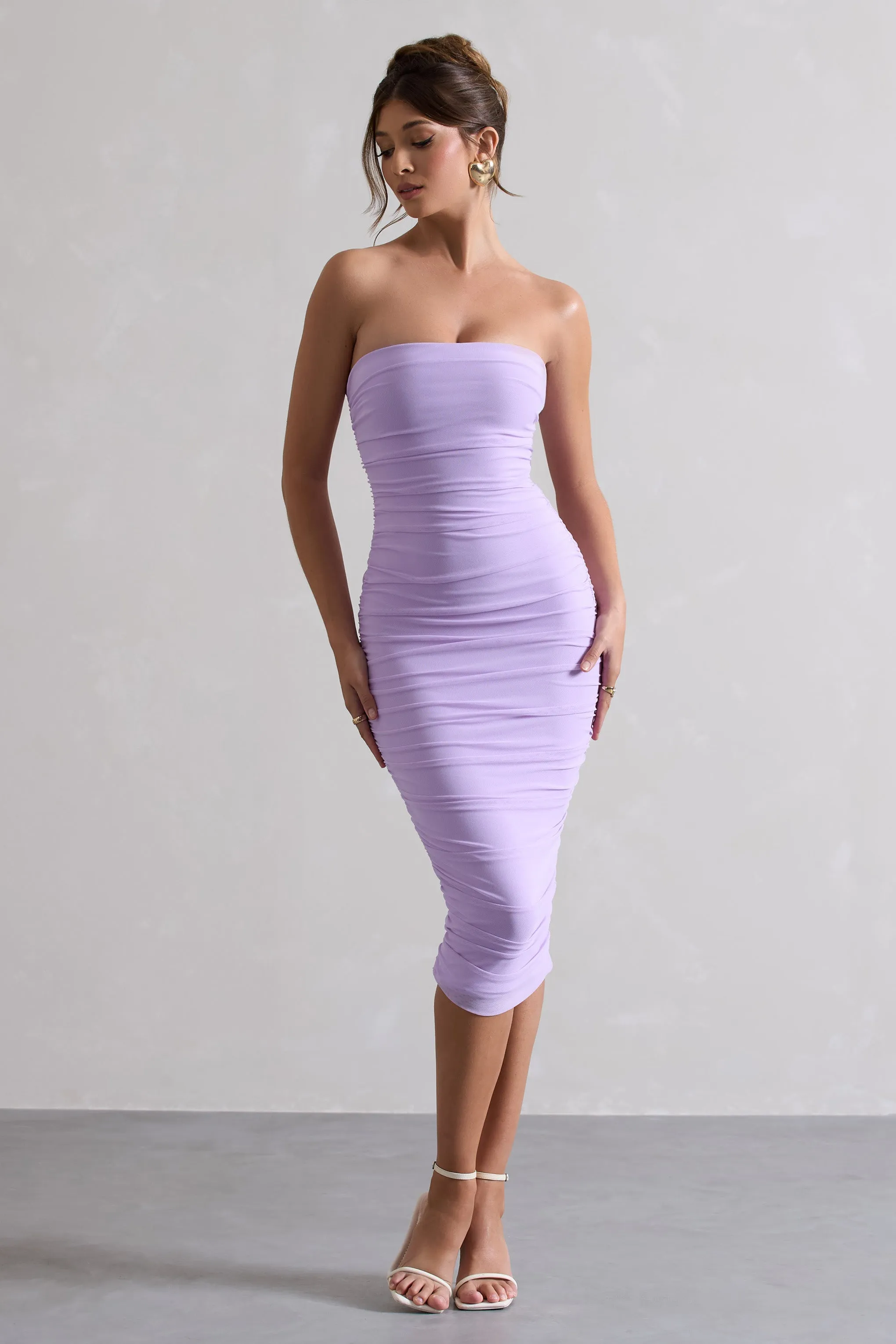 My Girl | Lilac Strapless Bodycon Ruched Mesh Midi Dress Club L London