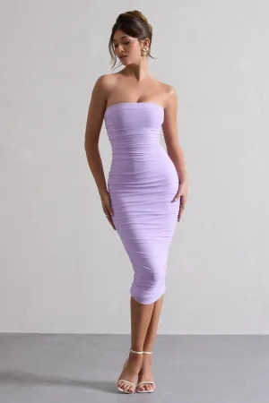 My Girl | Lilac Strapless Bodycon Ruched Mesh Midi Dress Club L London