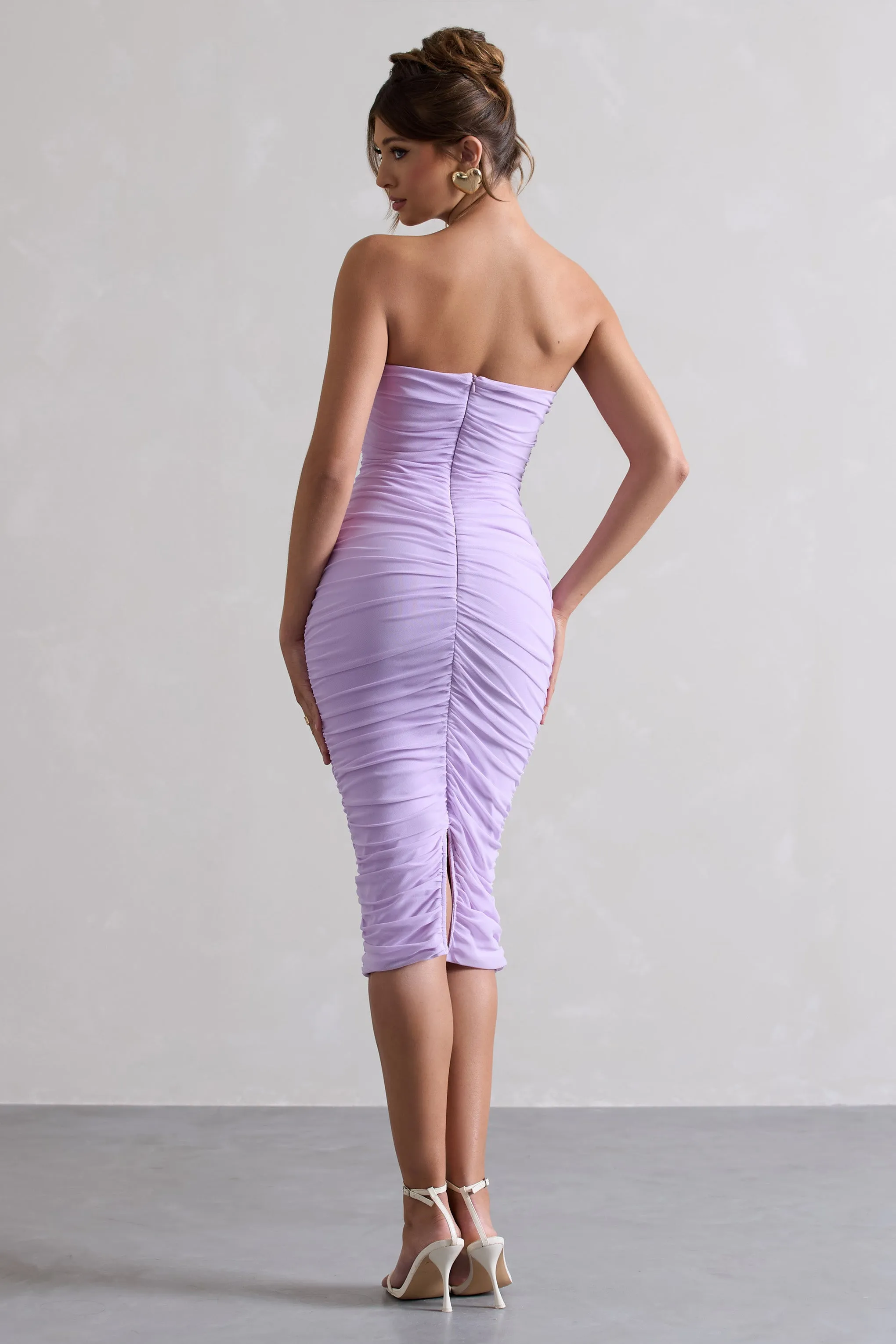 My Girl | Lilac Strapless Bodycon Ruched Mesh Midi Dress Club L London