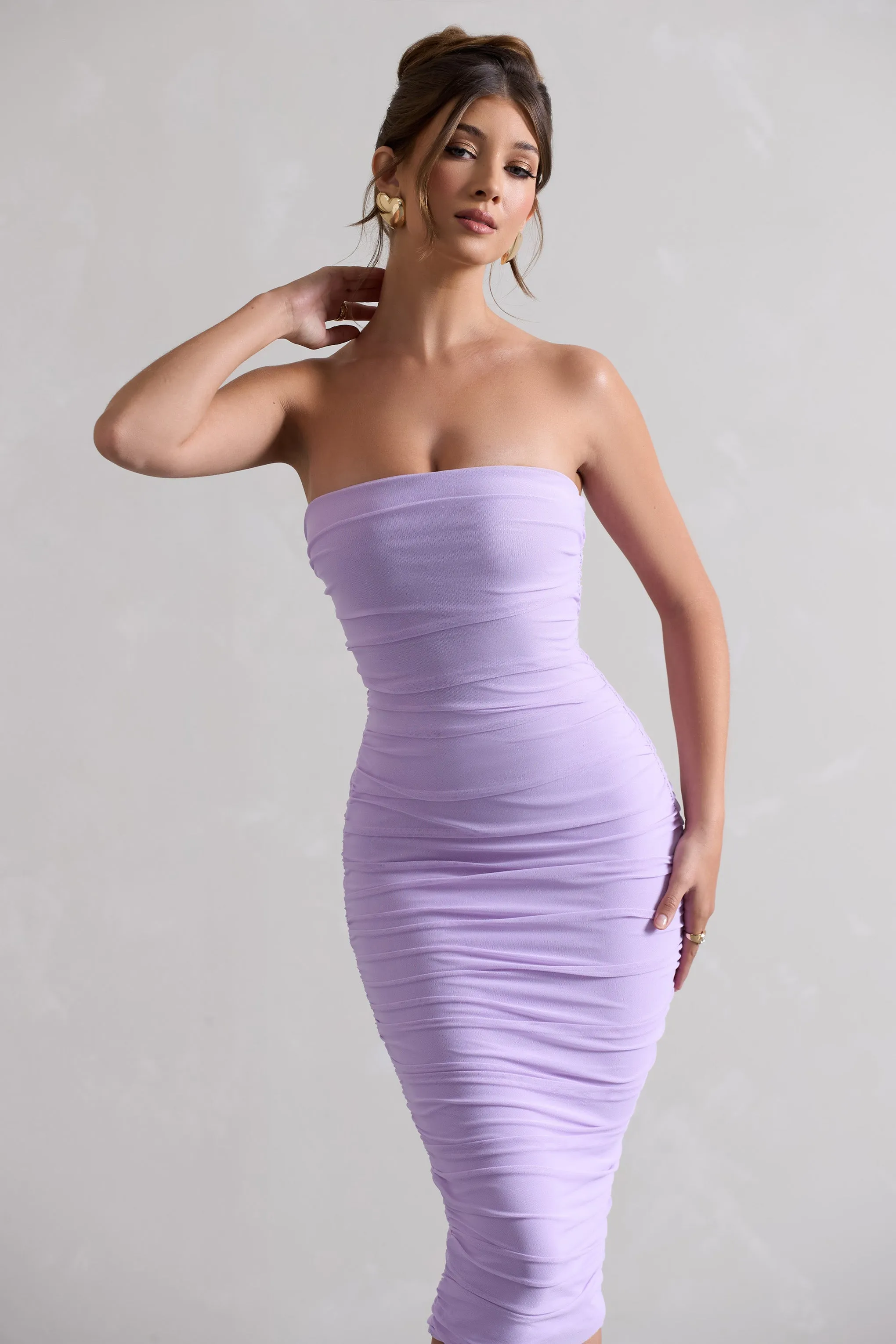 My Girl | Lilac Strapless Bodycon Ruched Mesh Midi Dress Club L London