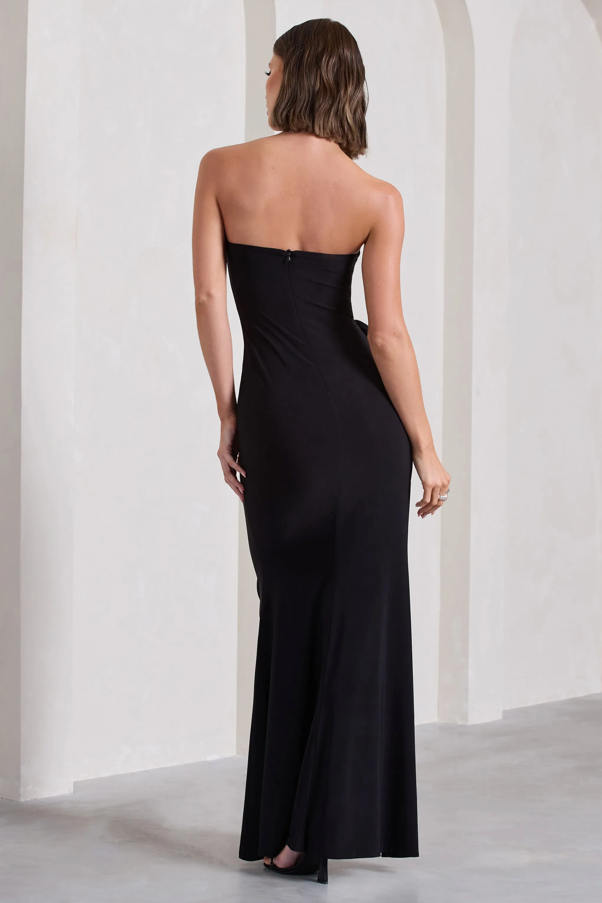 My Muse | Black Ruched Bandeau Split Maxi Dress With Flowers Club L London