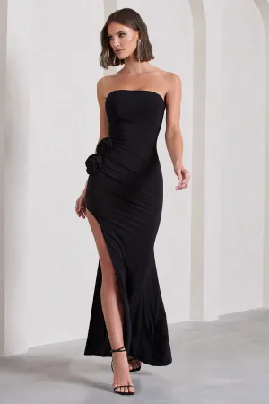 My Muse | Black Ruched Bandeau Split Maxi Dress With Flowers Club L London