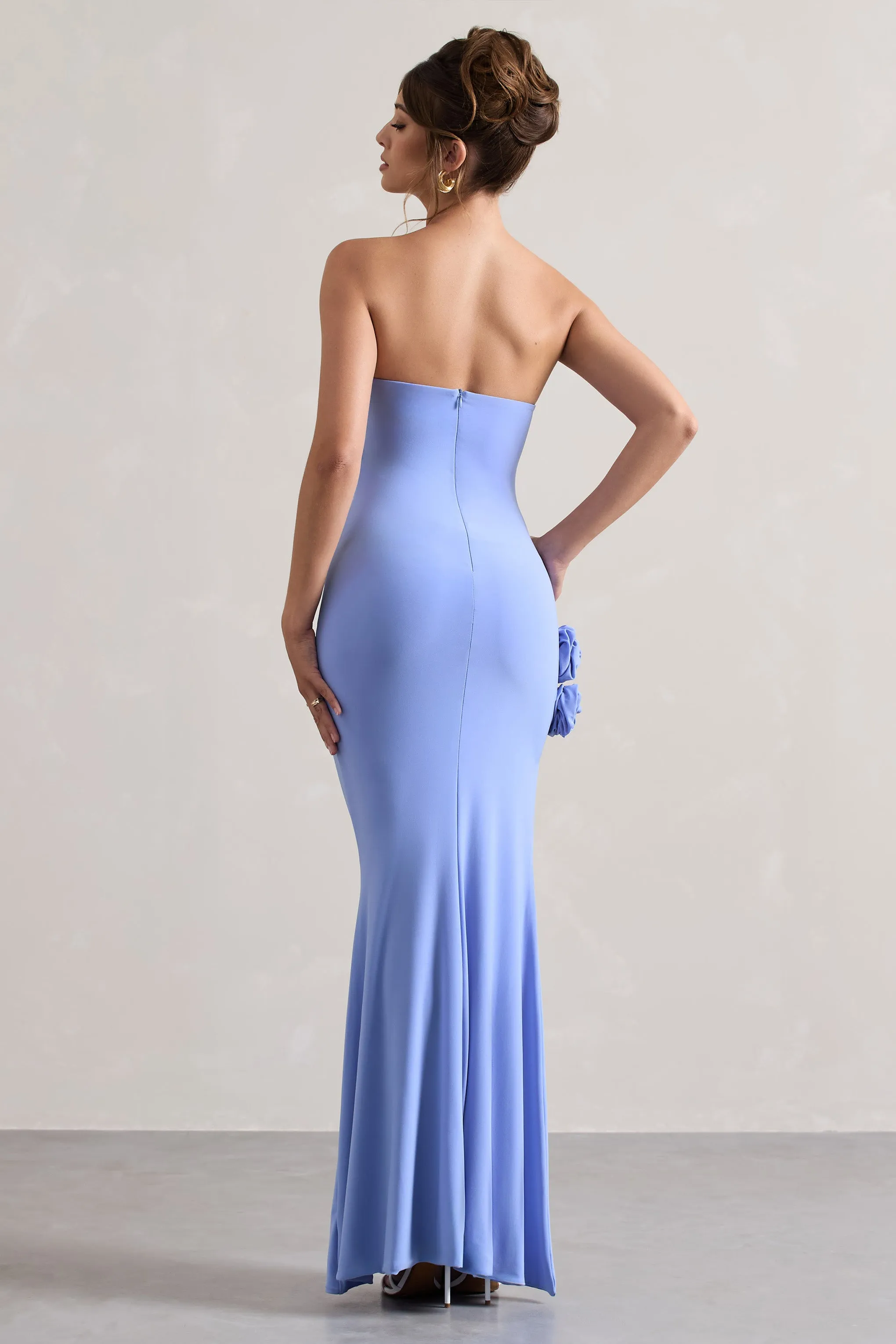 My Muse | Blue Ruched Bandeau Split Maxi Dress With Flowers Club L London