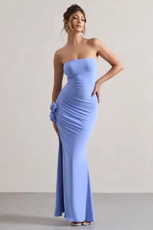 My Muse | Blue Ruched Bandeau Split Maxi Dress With Flowers Club L London