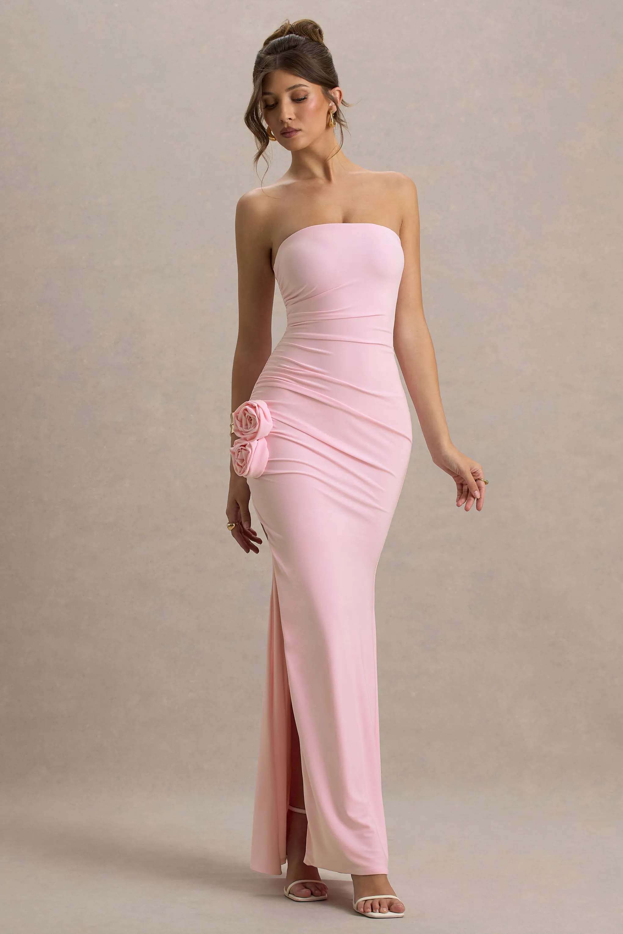 My Muse | Pink Ruched Bandeau Split Maxi Dress With Flowers Club L London