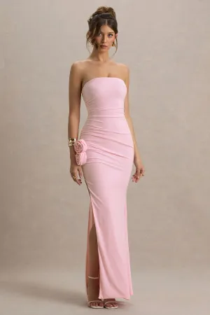 My Muse | Pink Ruched Bandeau Split Maxi Dress With Flowers Club L London