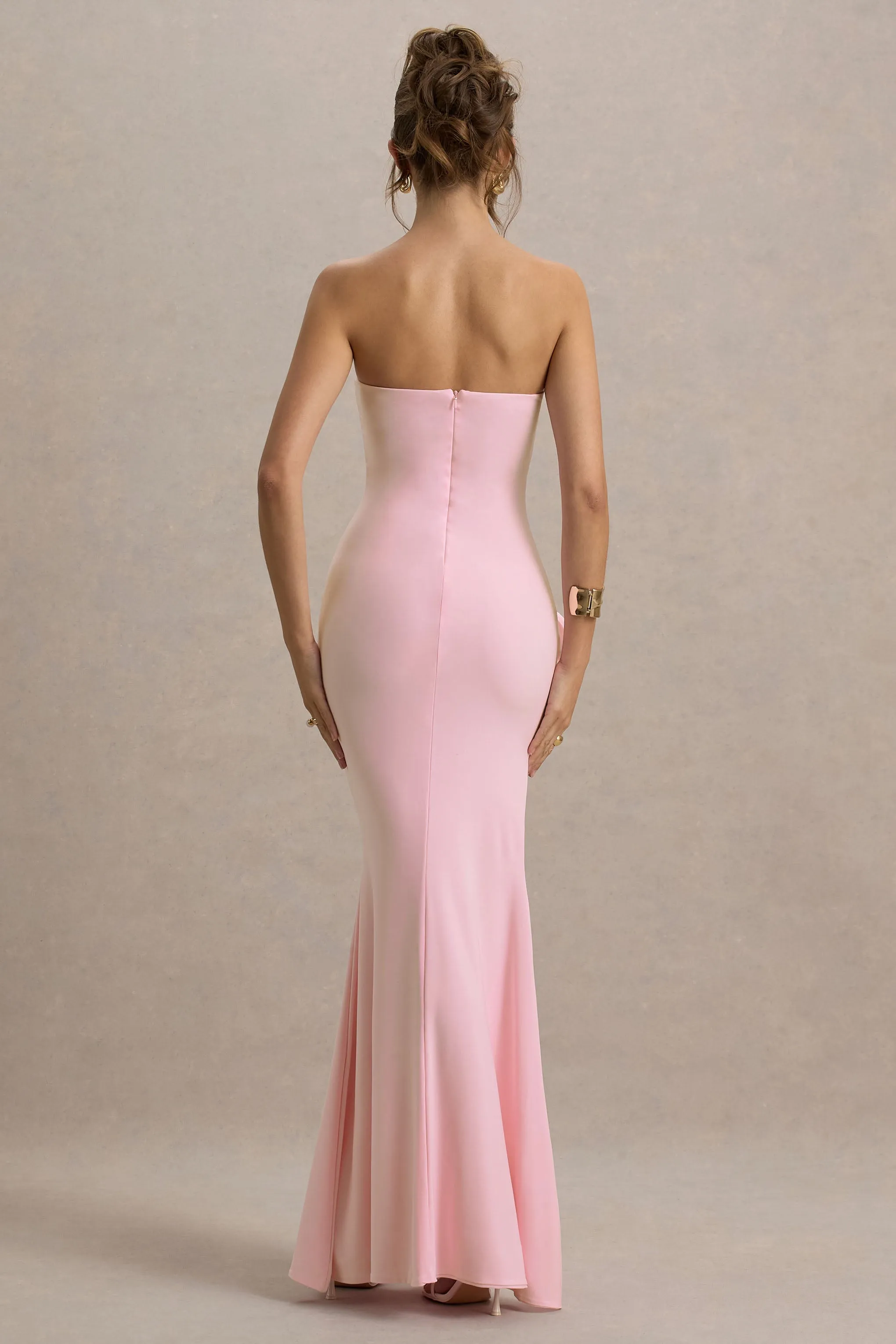 My Muse | Pink Ruched Bandeau Split Maxi Dress With Flowers Club L London