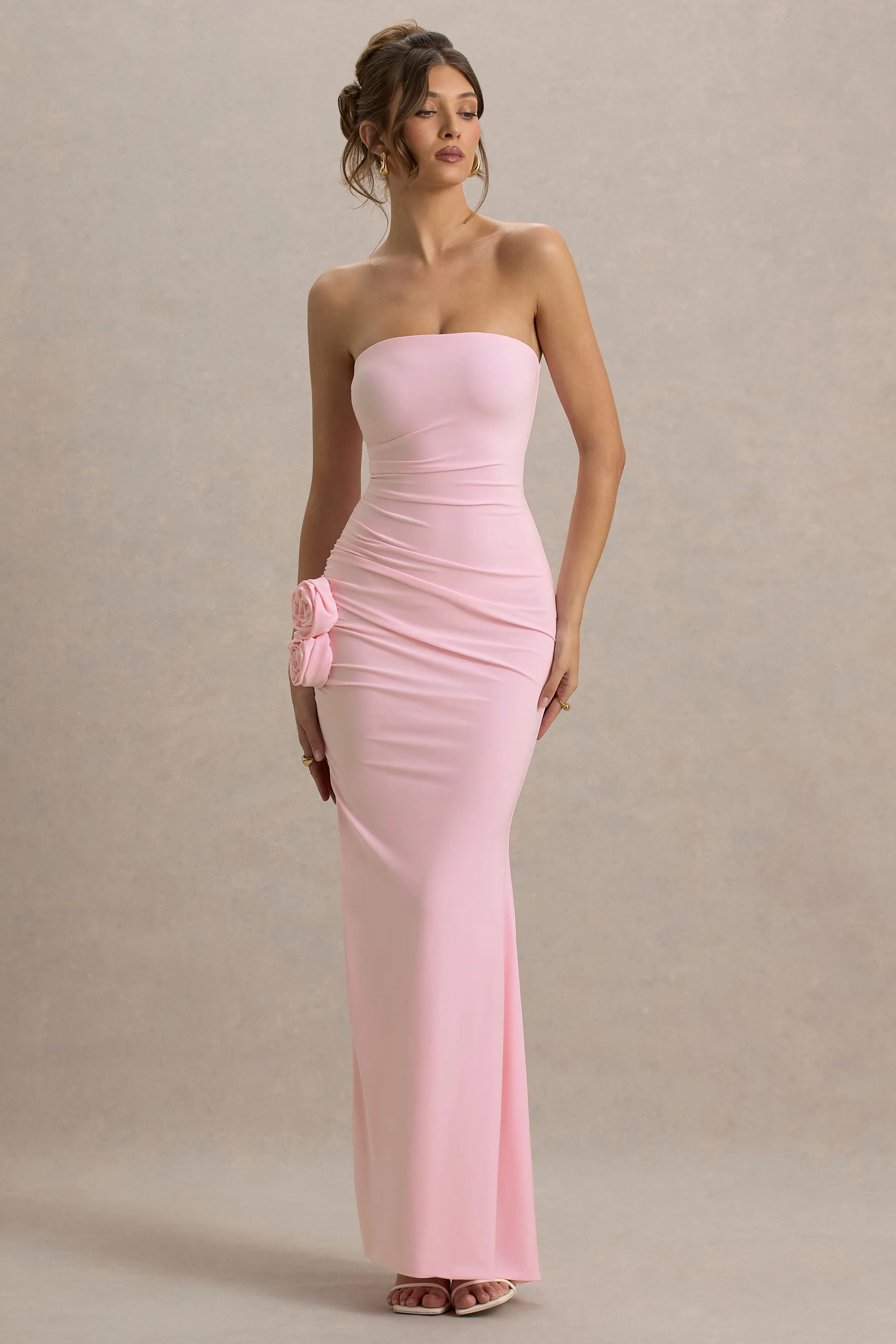 My Muse | Pink Ruched Bandeau Split Maxi Dress With Flowers Club L London