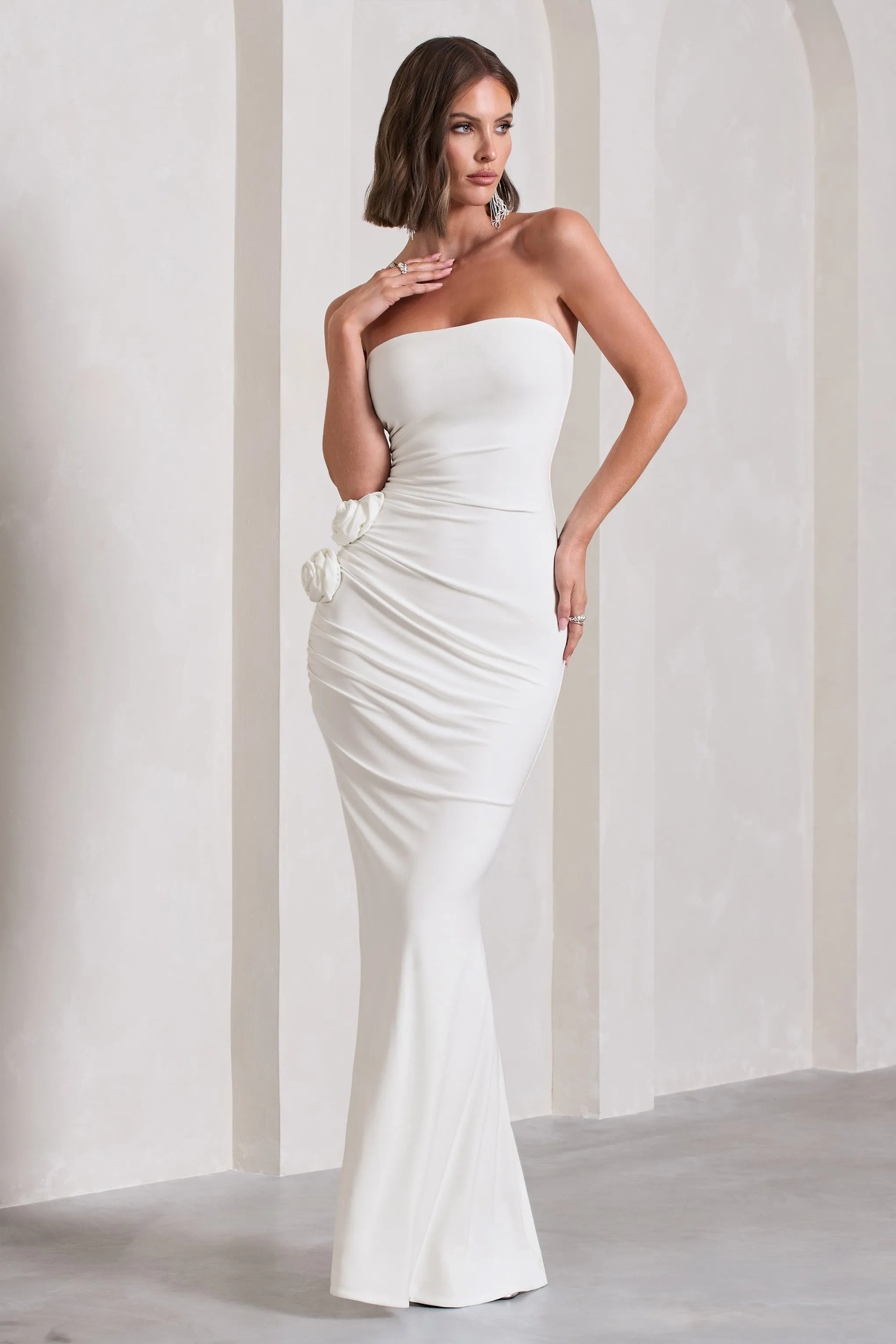 My Muse | White Ruched Bandeau Split Maxi Dress With Flowers Club L London