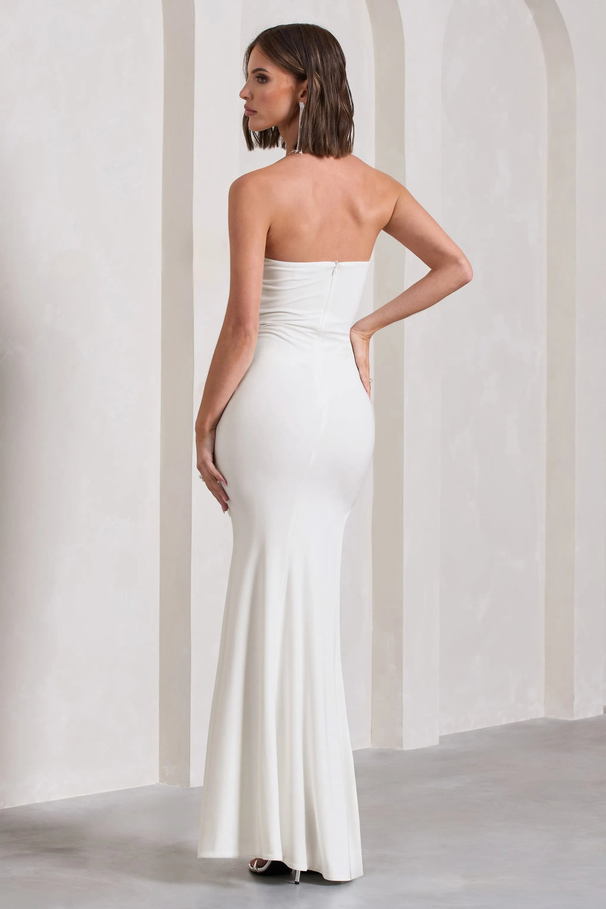 My Muse | White Ruched Bandeau Split Maxi Dress With Flowers Club L London