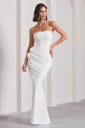 My Muse | White Ruched Bandeau Split Maxi Dress With Flowers Club L London