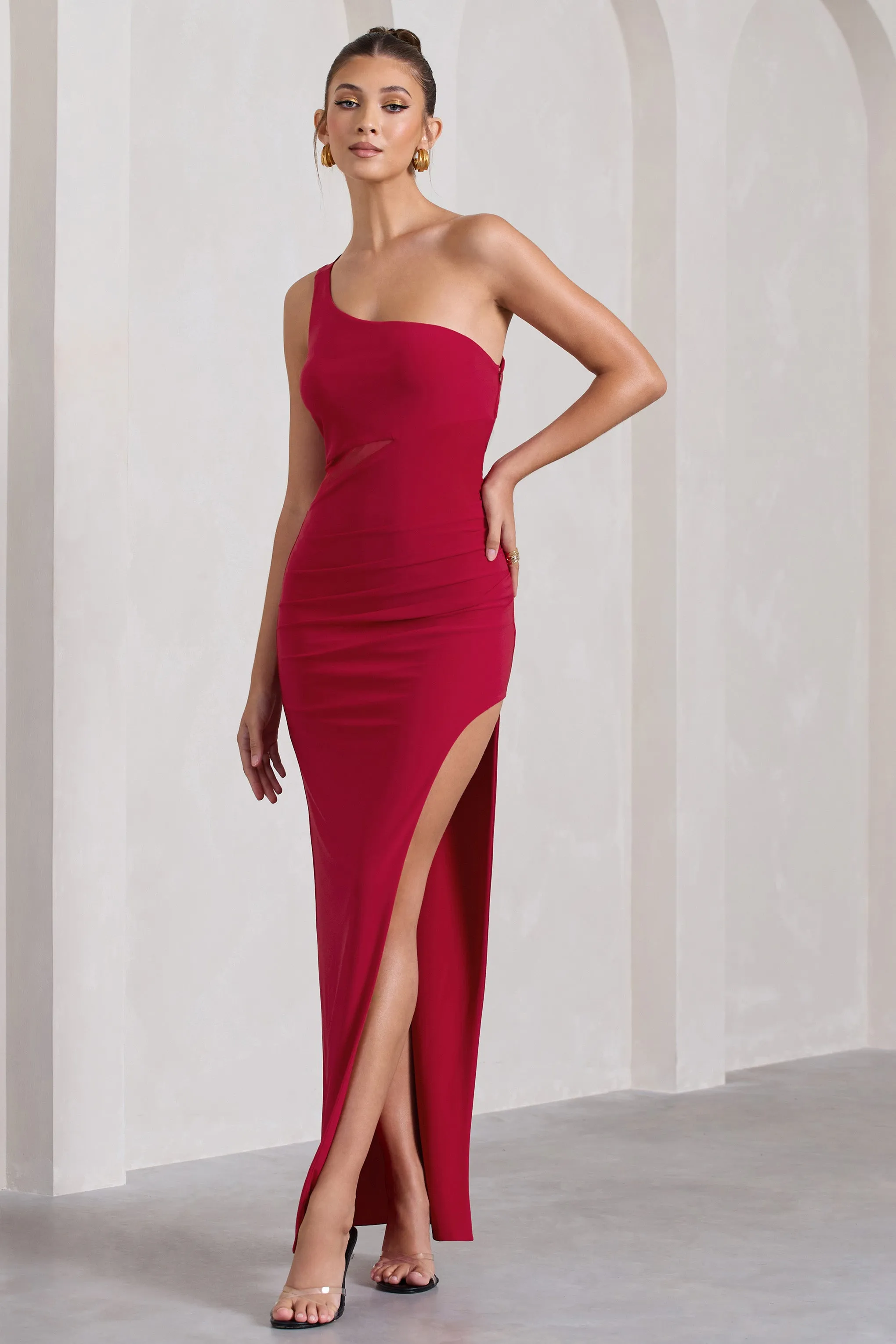 My Night | Red One Shoulder Sleeveless Cut-Out Split Maxi Dress Club L London