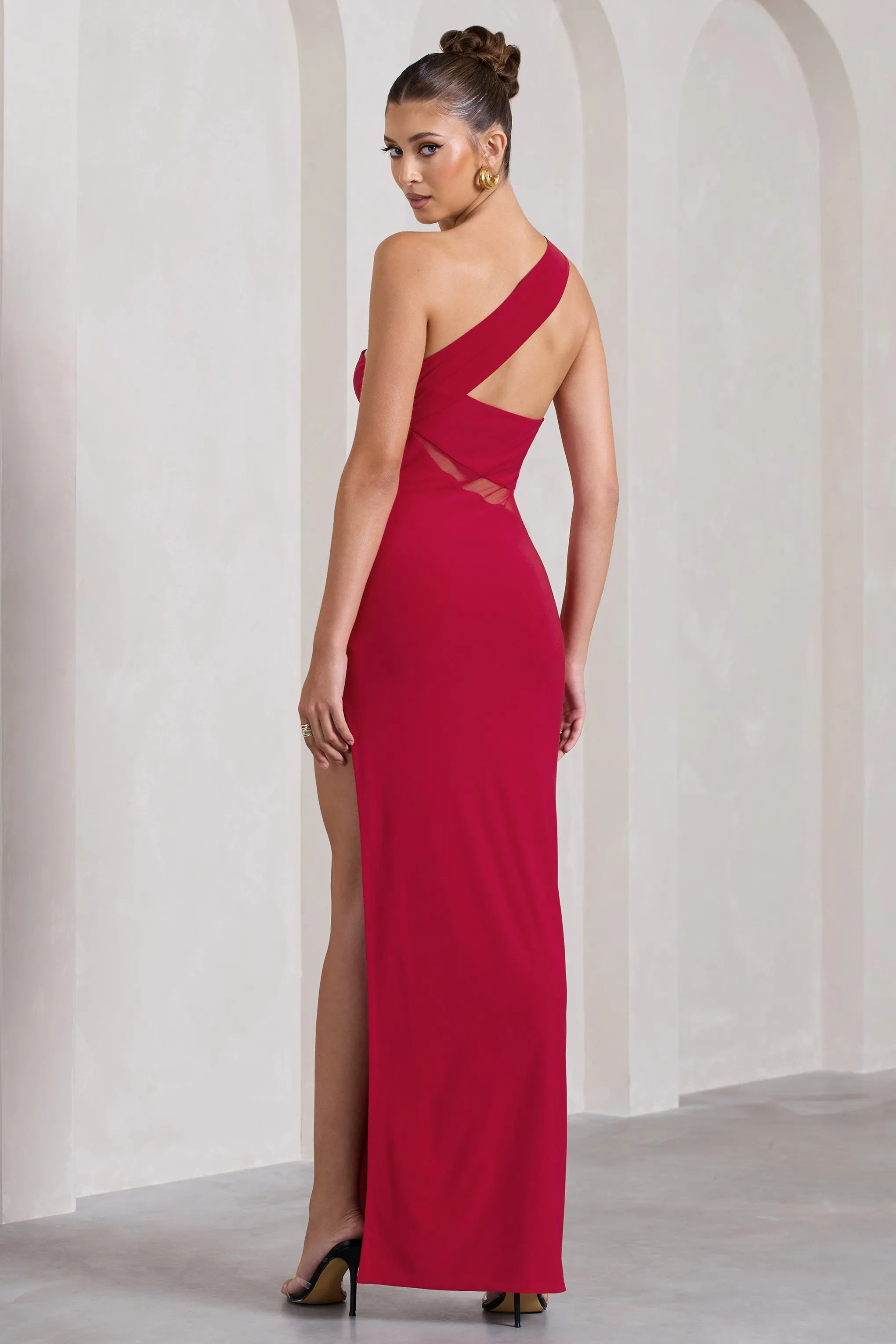 My Night | Red One Shoulder Sleeveless Cut-Out Split Maxi Dress Club L London