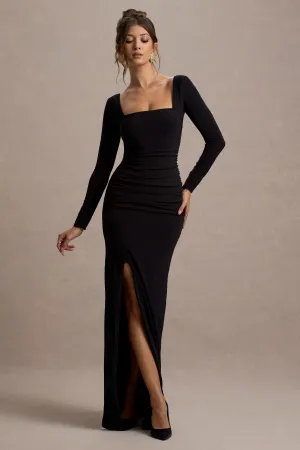 My Pleasure | Black Square Neck Ruched Maxi Dress Club L London