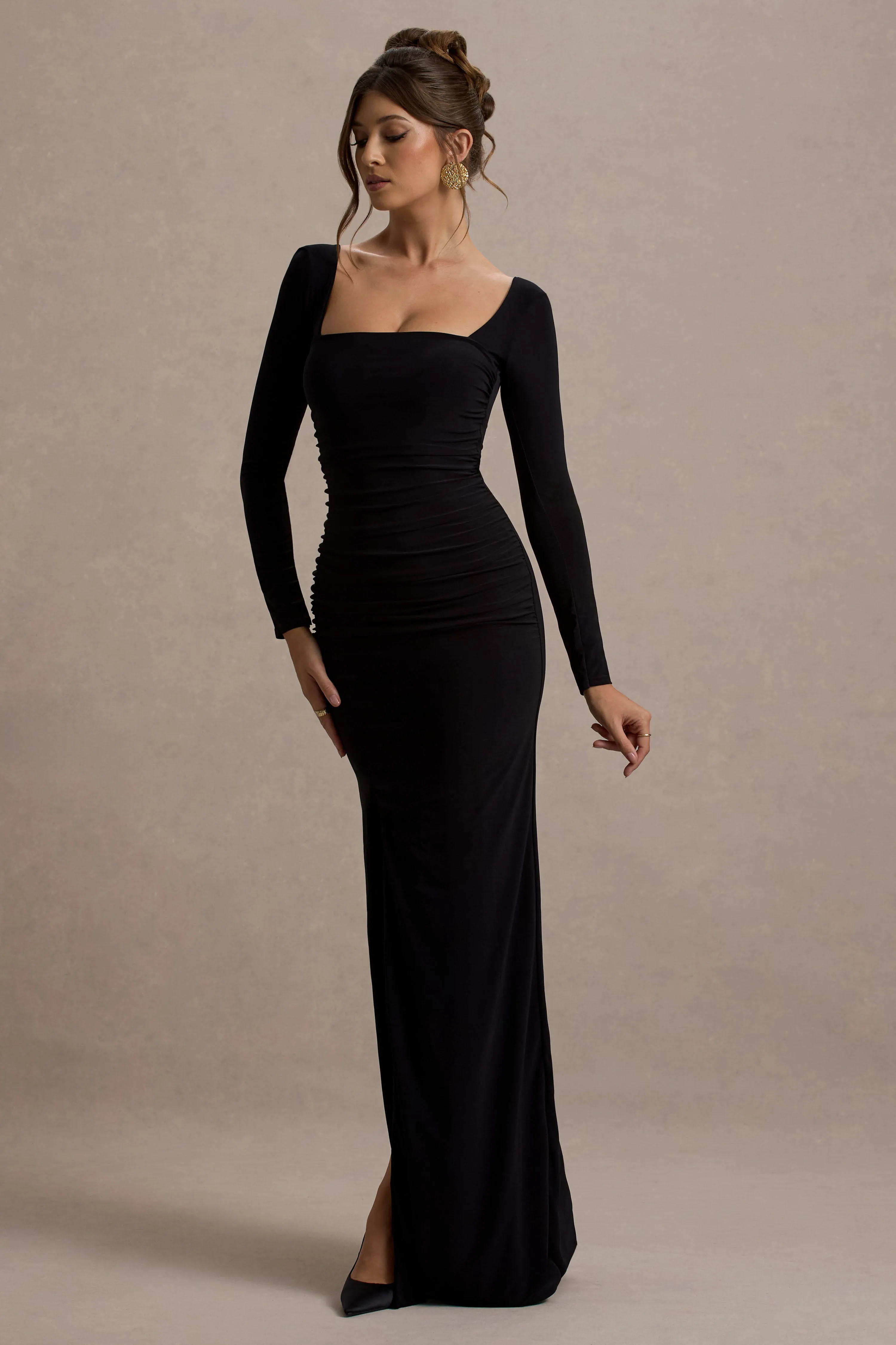 My Pleasure | Black Square Neck Ruched Maxi Dress Club L London
