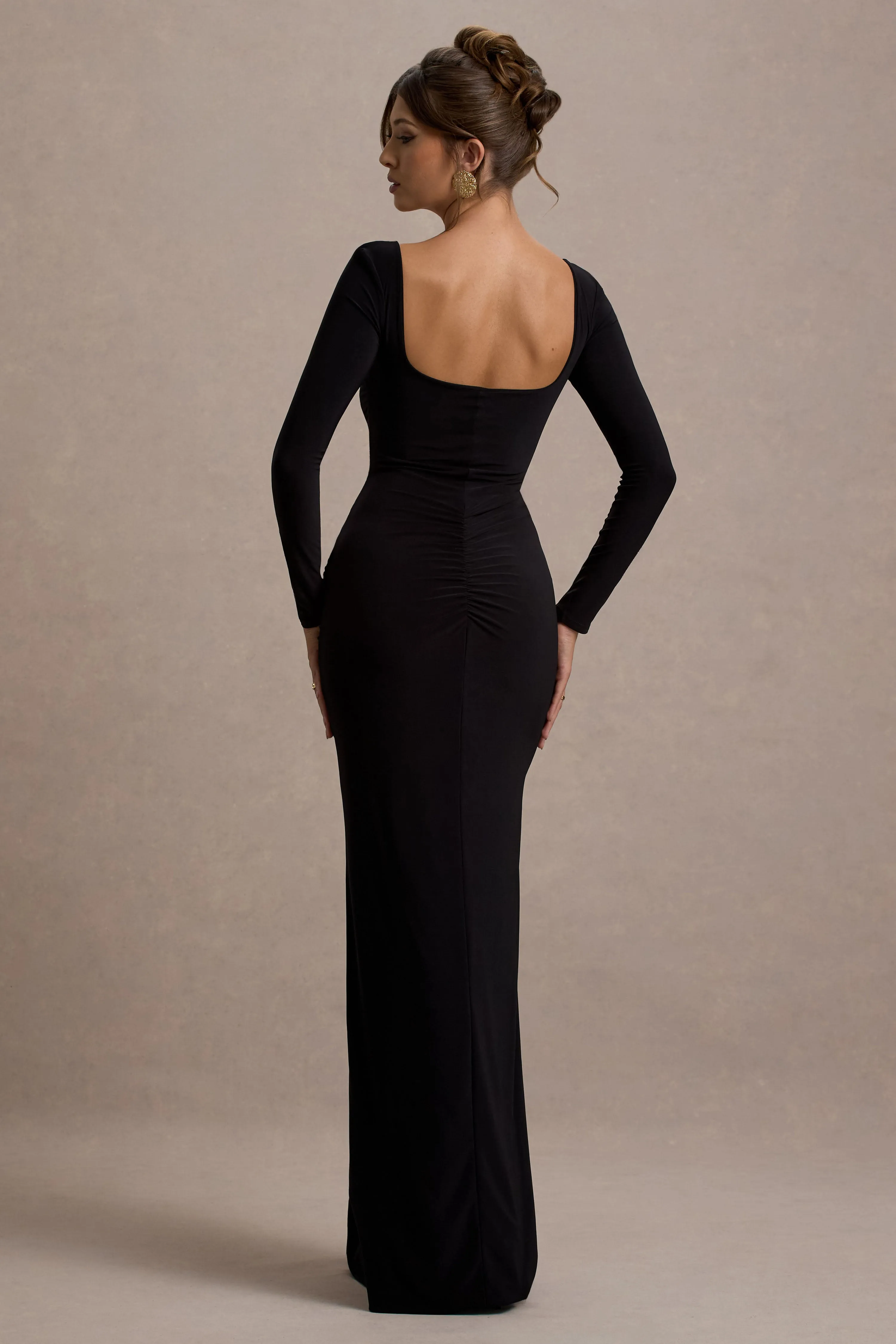 My Pleasure | Black Square Neck Ruched Maxi Dress Club L London