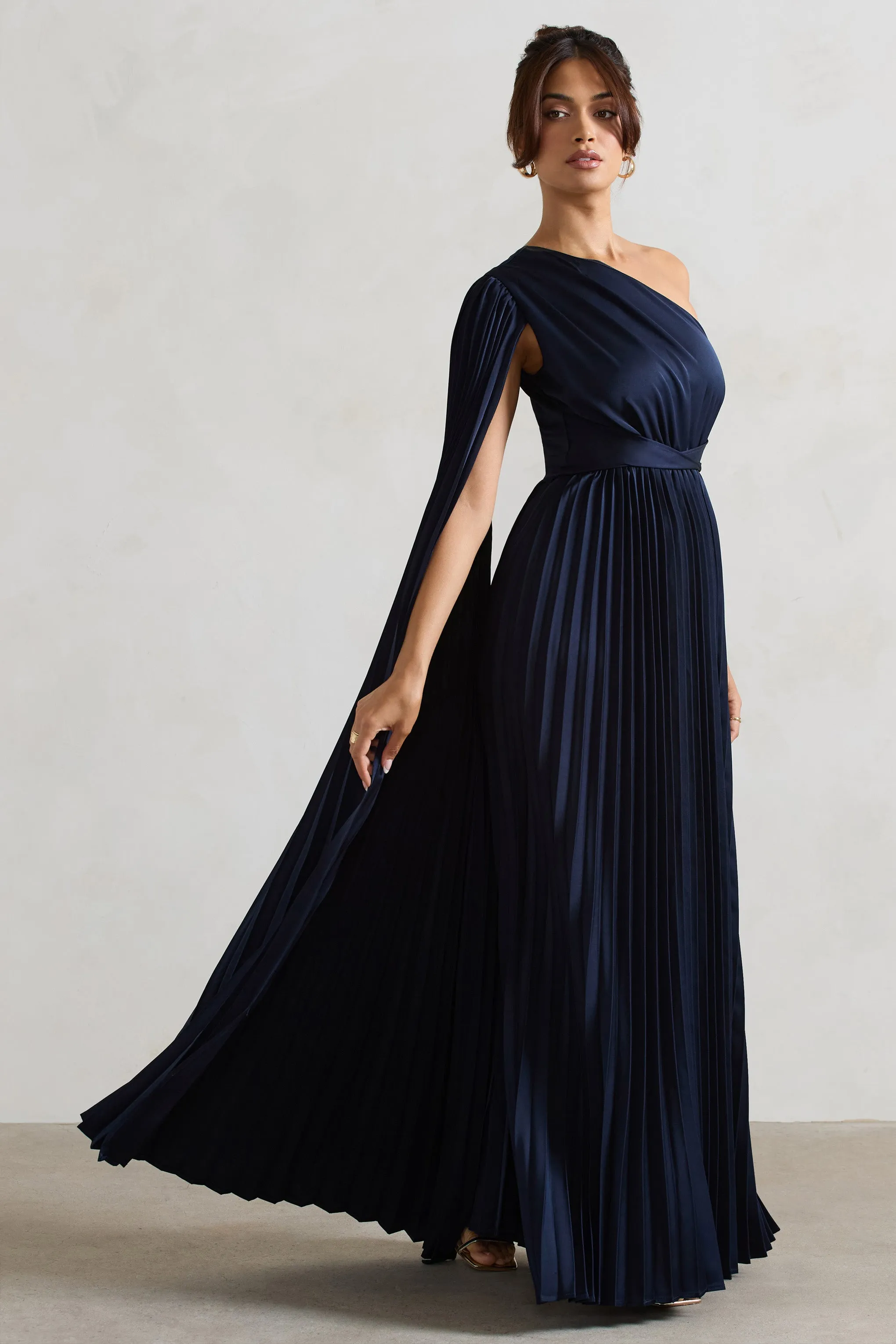 My Vision | Navy Plisse Asymmetric Split Maxi Dress With Cape Sleeve Club L London
