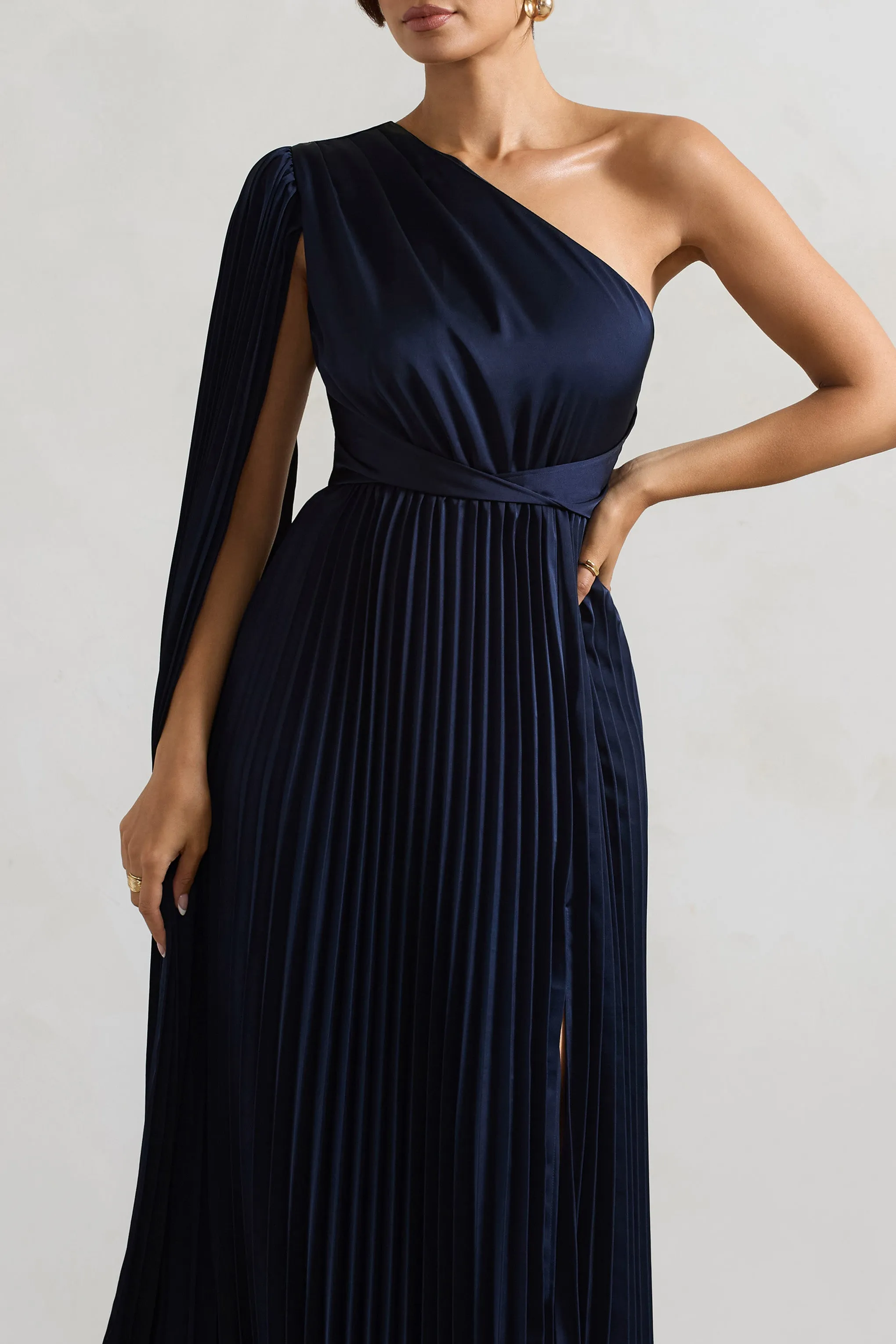 My Vision | Navy Plisse Asymmetric Split Maxi Dress With Cape Sleeve Club L London