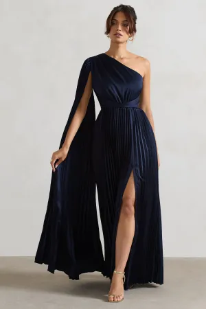 My Vision | Navy Plisse Asymmetric Split Maxi Dress With Cape Sleeve Club L London