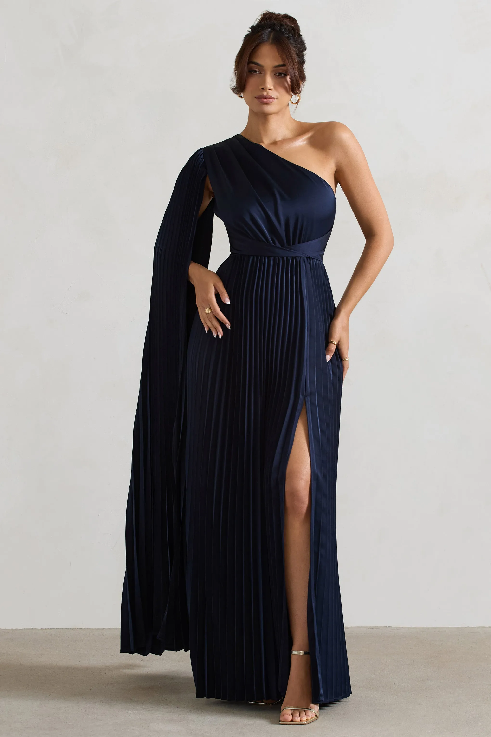 My Vision | Navy Plisse Asymmetric Split Maxi Dress With Cape Sleeve Club L London