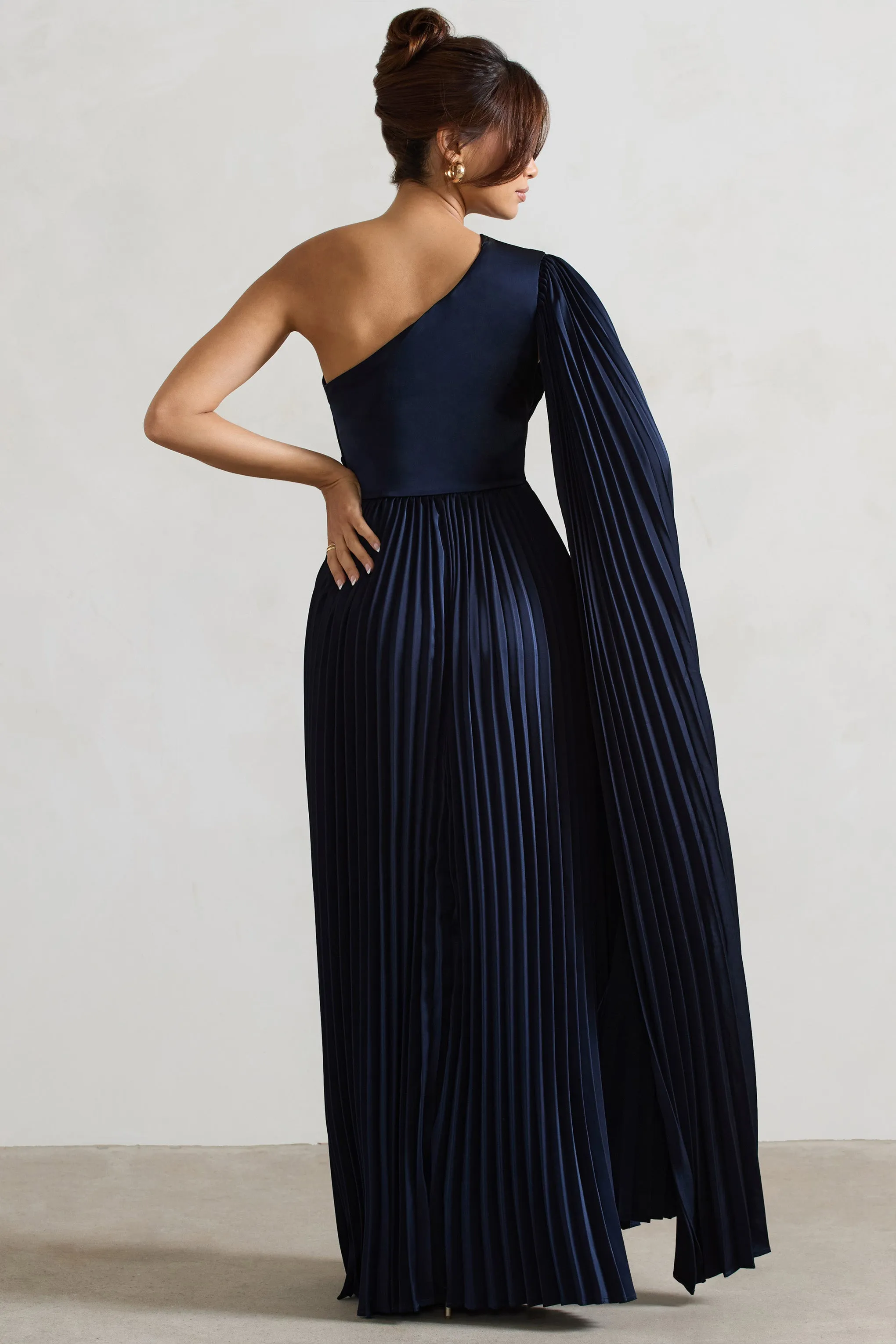 My Vision | Navy Plisse Asymmetric Split Maxi Dress With Cape Sleeve Club L London