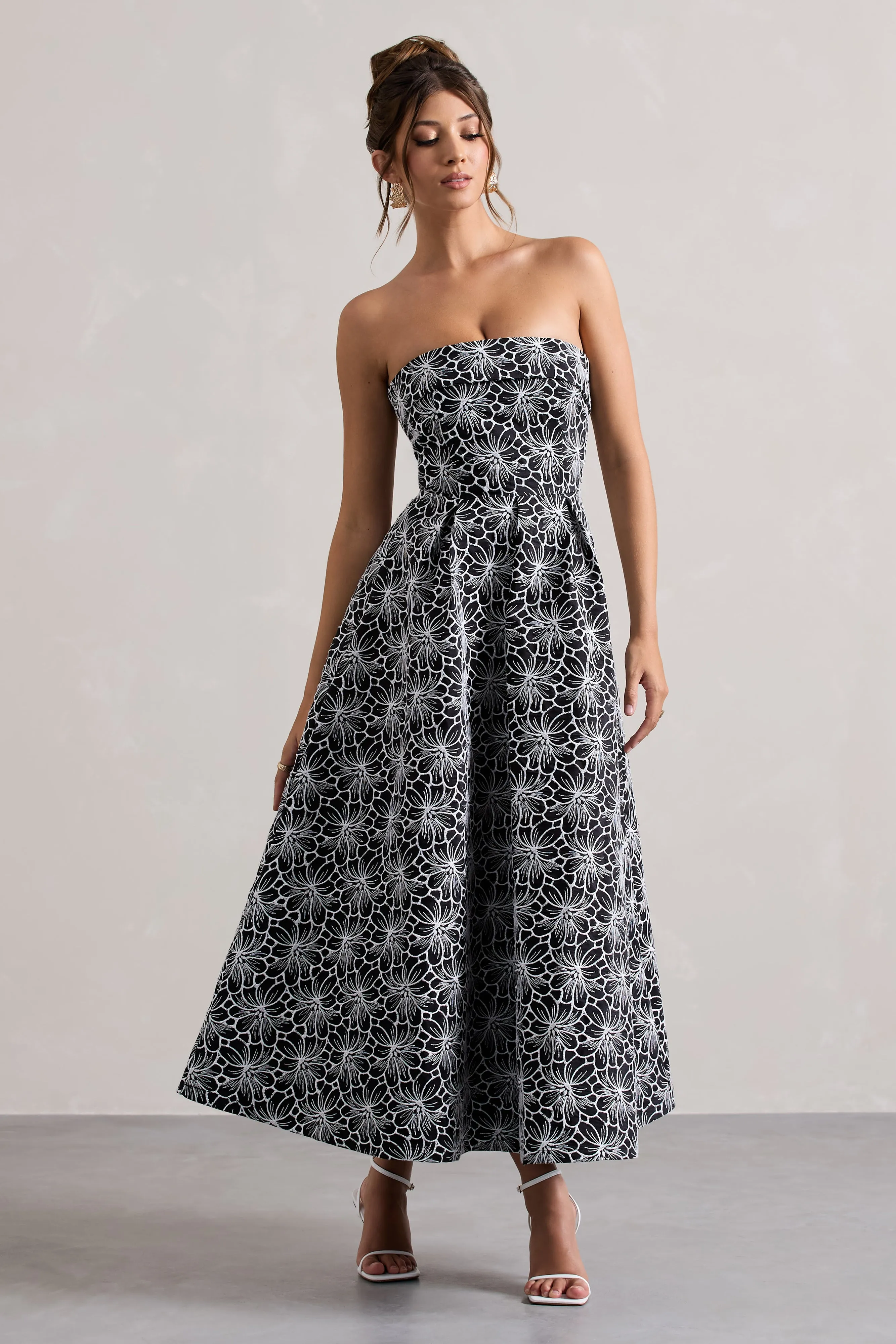 Myleen | Black Lace Strapless Midi Dress Club L London