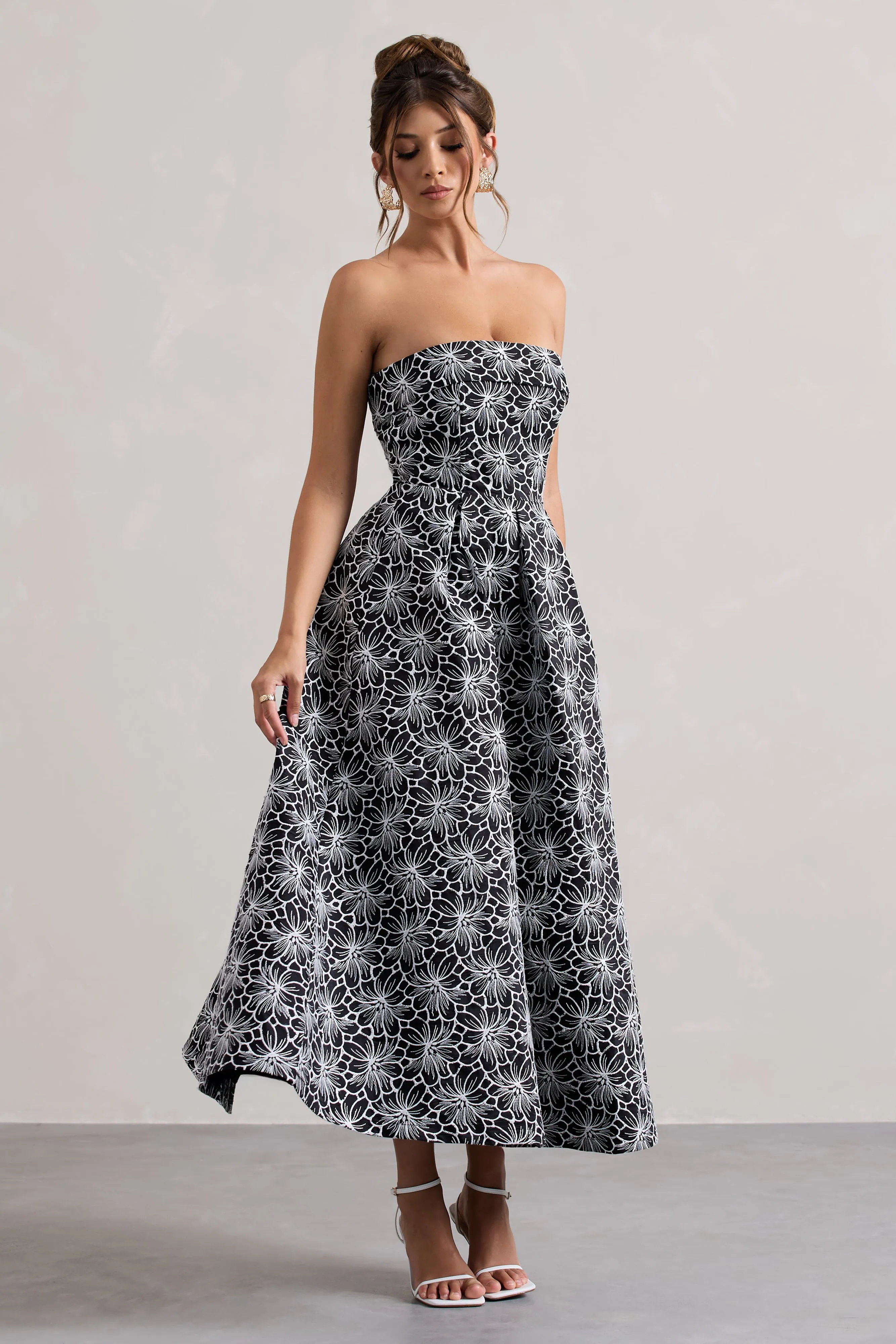 Myleen | Black Lace Strapless Midi Dress Club L London