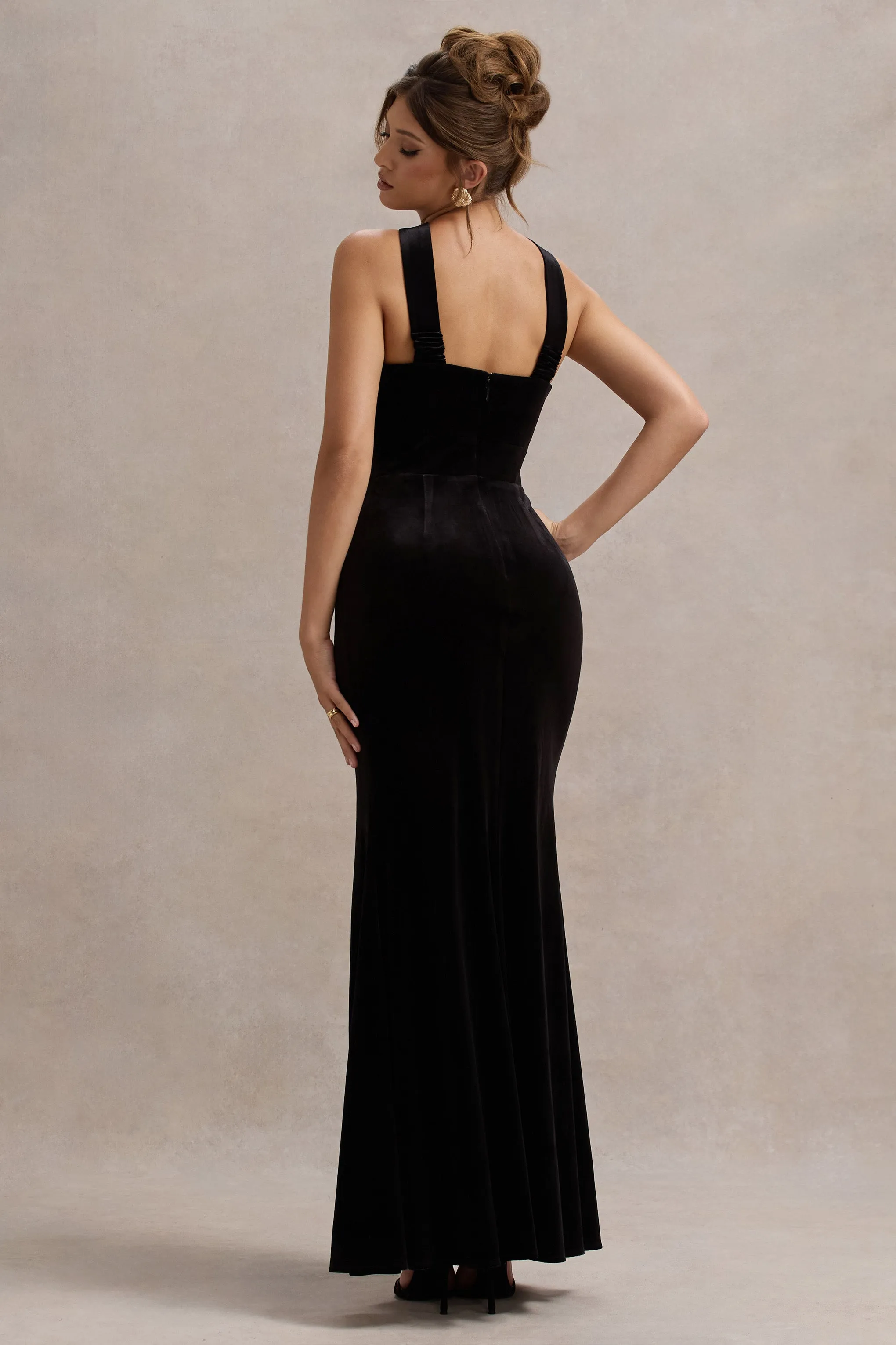 Mystery | Black Velvet Plunge Halter-Neck Split Maxi Dress With Bow Club L London