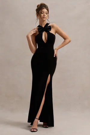 Mystery | Black Velvet Plunge Halter-Neck Split Maxi Dress With Bow Club L London