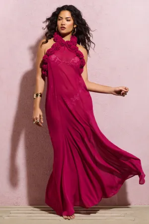 Naelya | Dark Pink Chiffon Halter-Neck Maxi Dress With Corsages Club L London