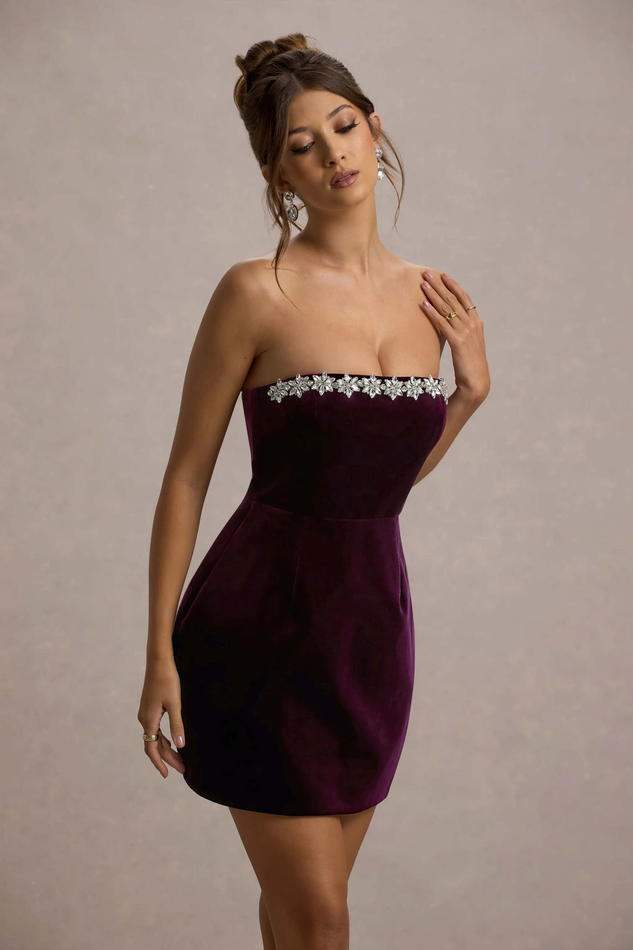Naia | Port Velvet Embellished Bandeau Mini Dress Club L London