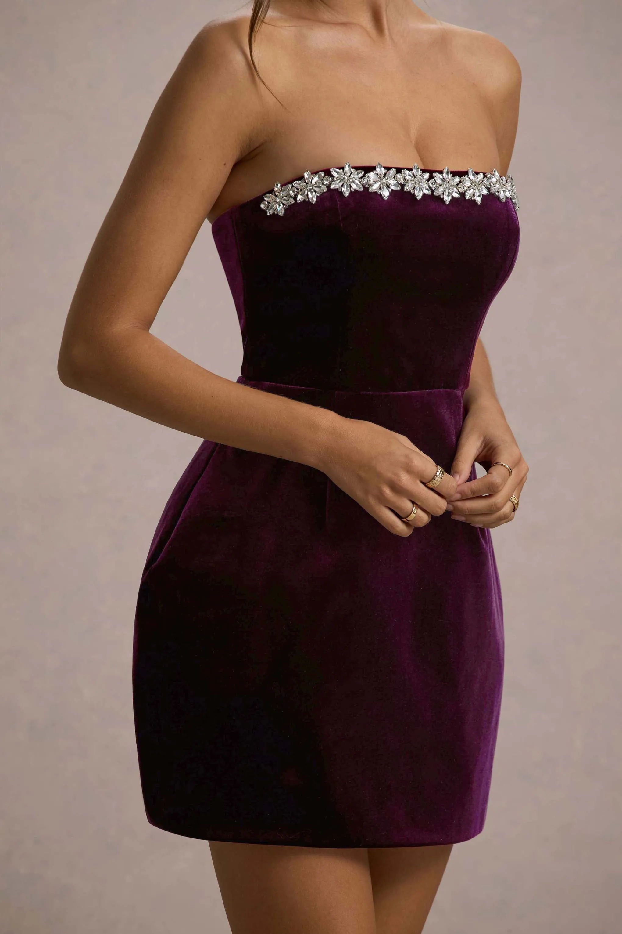 Naia | Port Velvet Embellished Bandeau Mini Dress Club L London