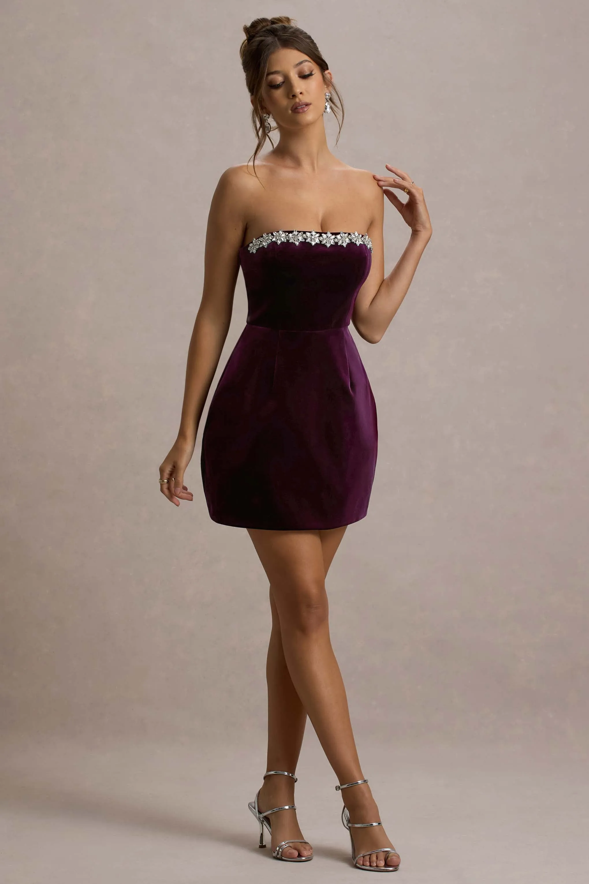 Naia | Port Velvet Embellished Bandeau Mini Dress Club L London