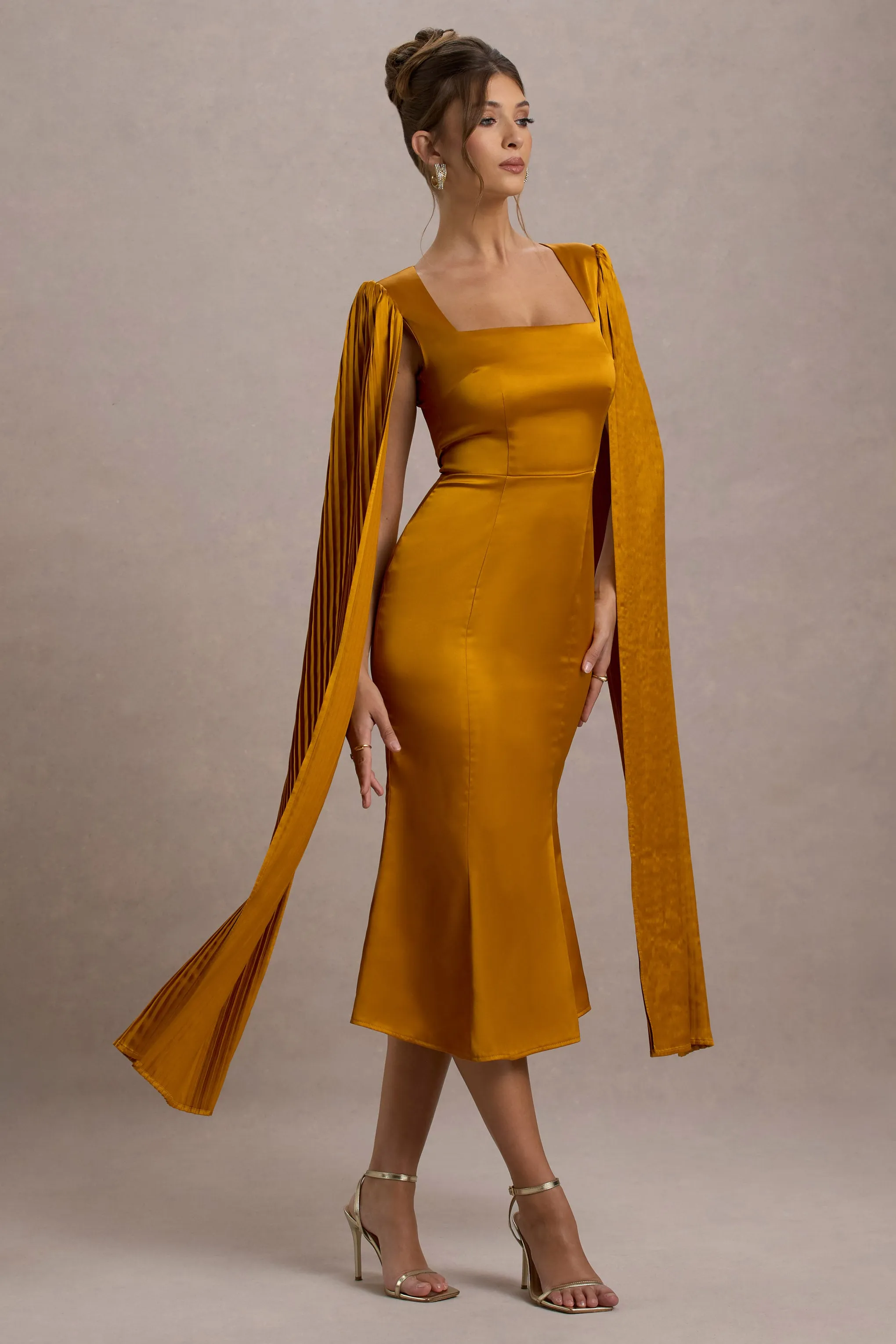 Nalda | Mustard Square-Neck Midi Dress With Cape Sleeves Club L London