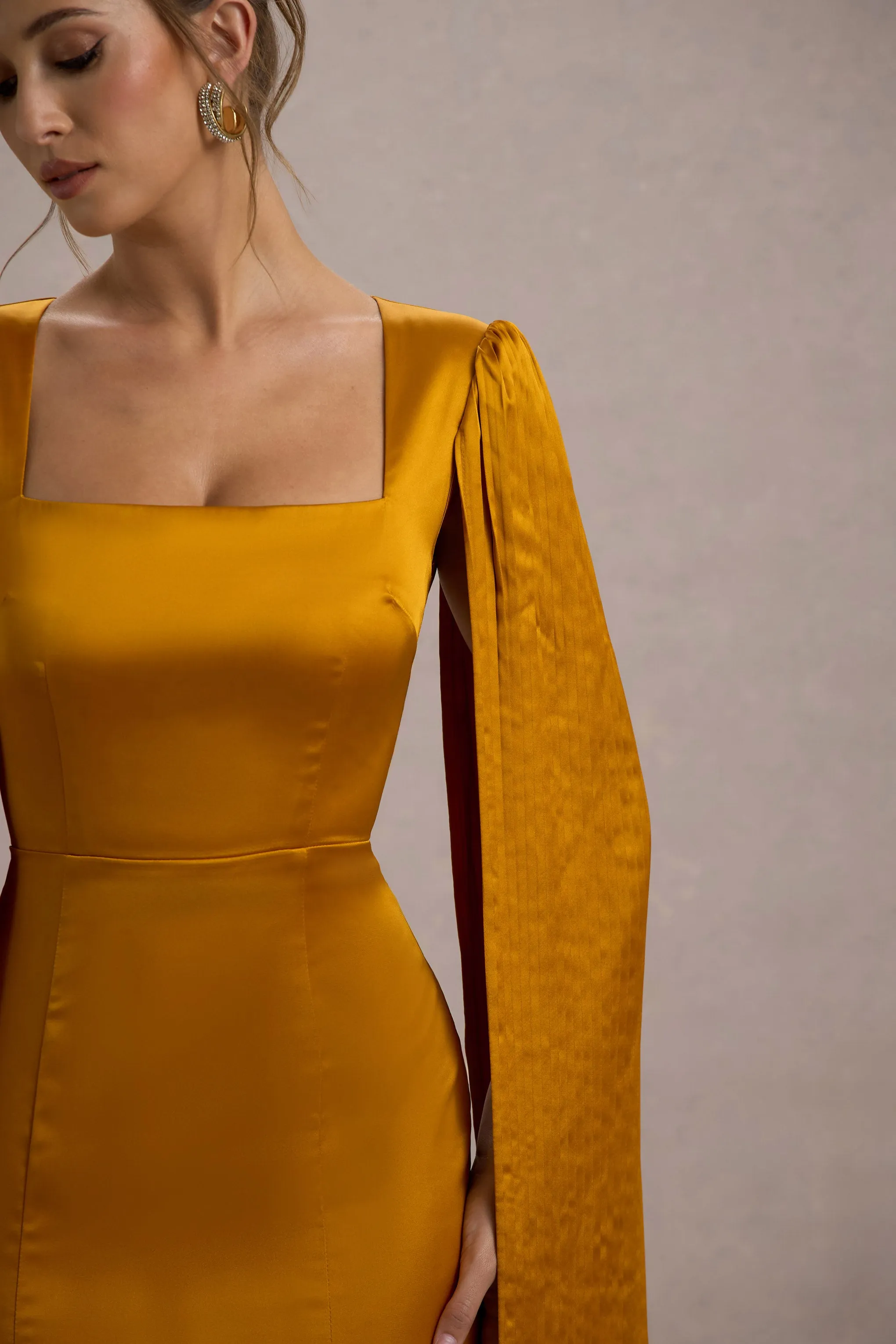 Nalda | Mustard Square-Neck Midi Dress With Cape Sleeves Club L London