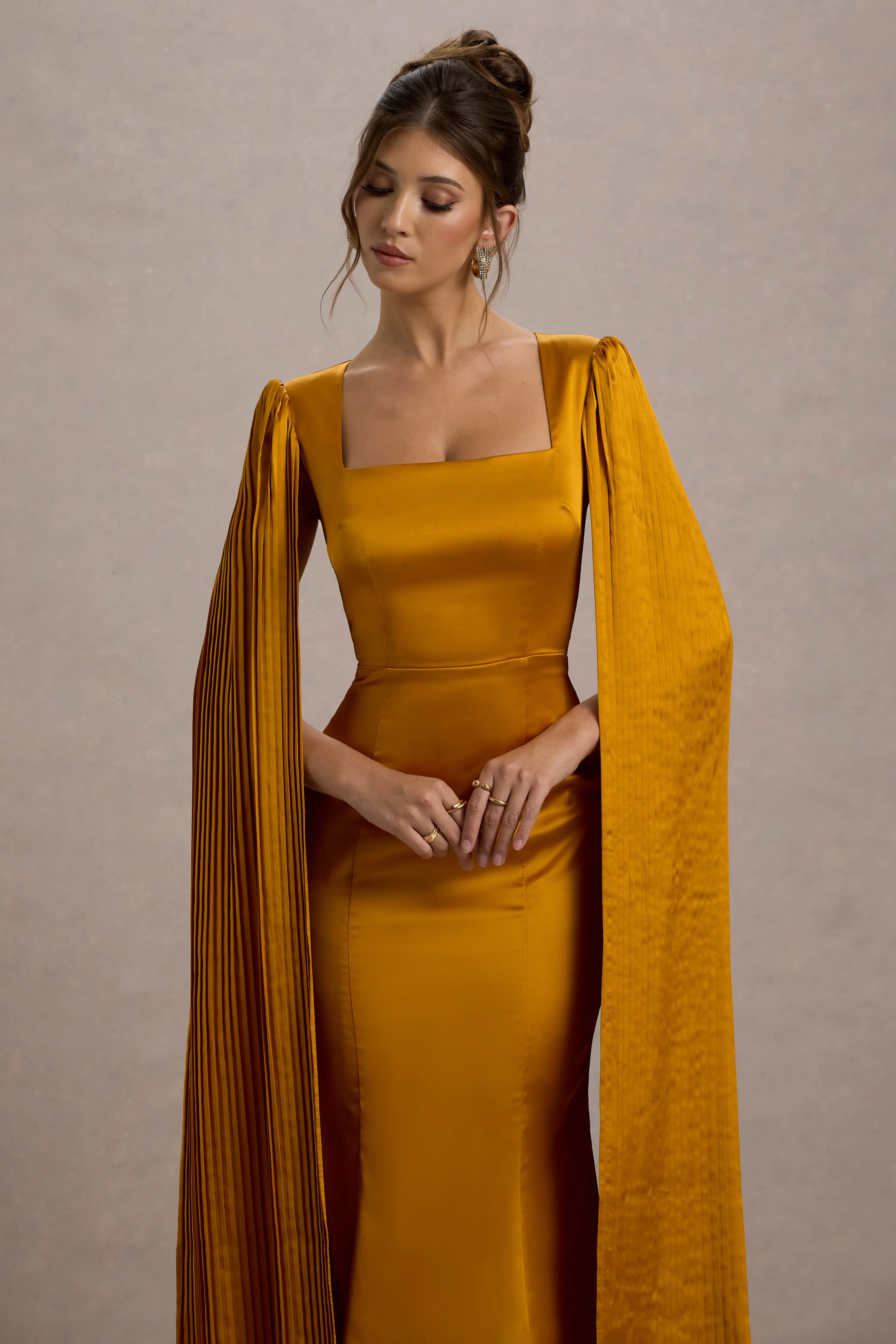 Nalda | Mustard Square-Neck Midi Dress With Cape Sleeves Club L London