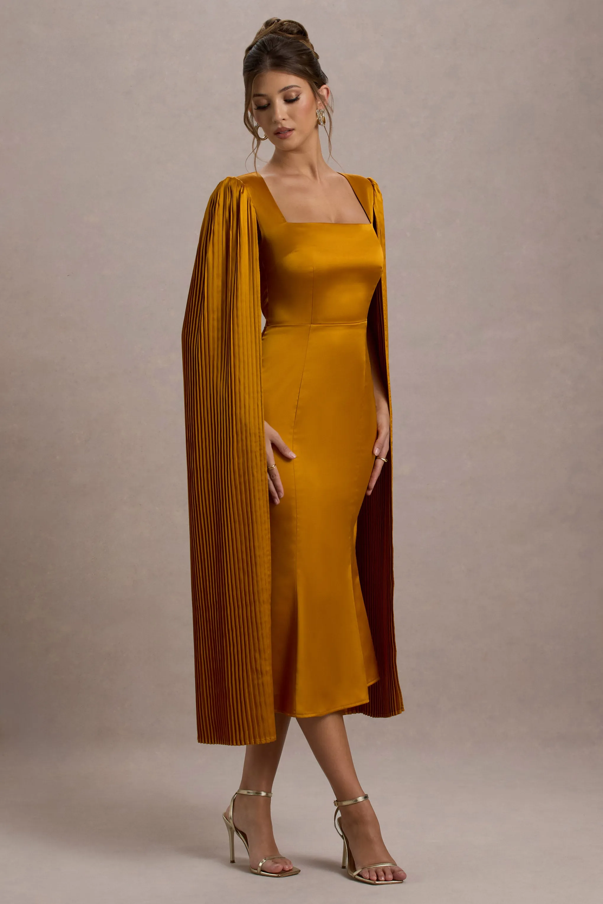 Nalda | Mustard Square-Neck Midi Dress With Cape Sleeves Club L London