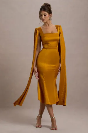 Nalda | Mustard Square-Neck Midi Dress With Cape Sleeves Club L London